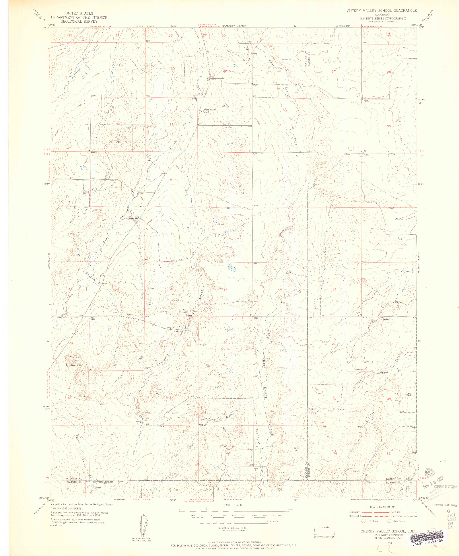 USGS 1:24000-SCALE QUADRANGLE FOR CHERRY VALLEY SCHOOL, CO 1954