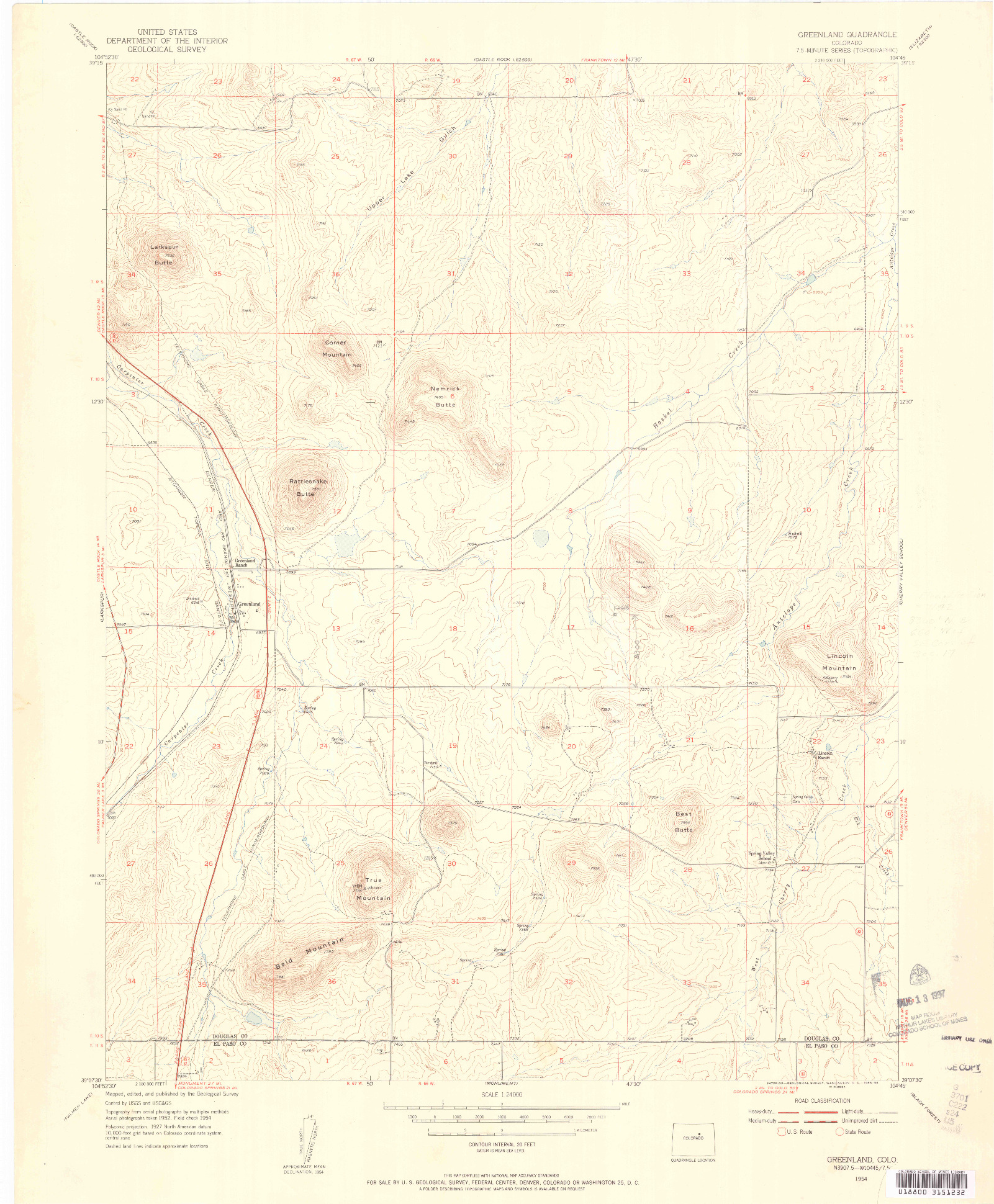 USGS 1:24000-SCALE QUADRANGLE FOR GREENLAND, CO 1954