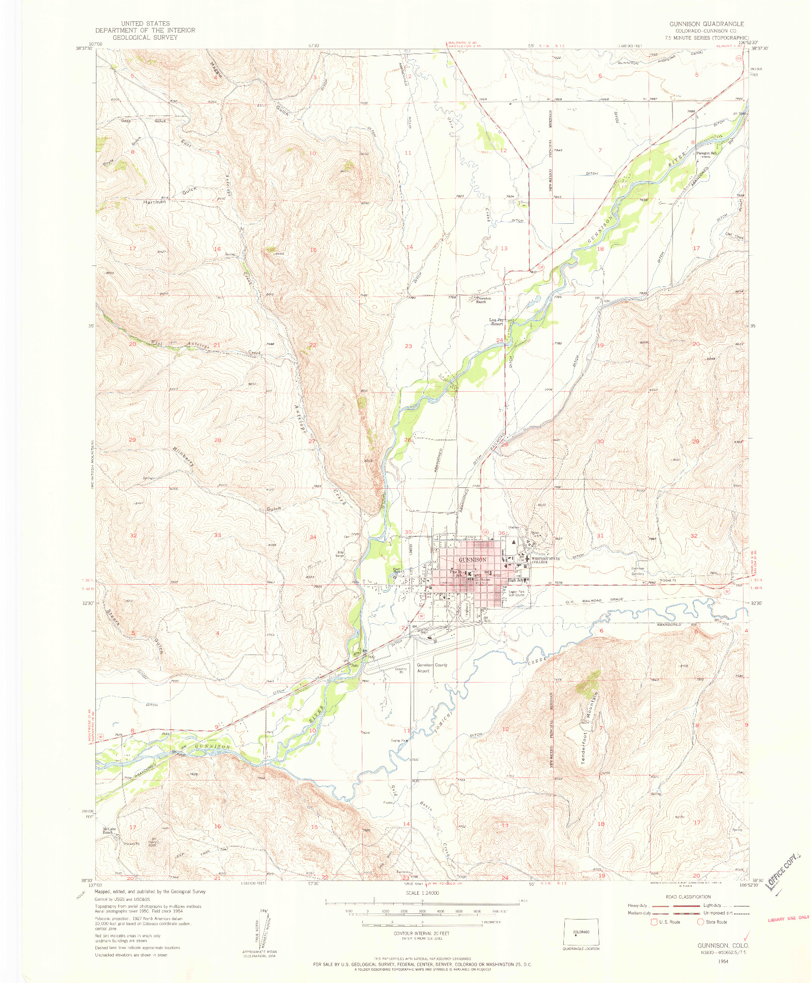 USGS 1:24000-SCALE QUADRANGLE FOR GUNNISON, CO 1954