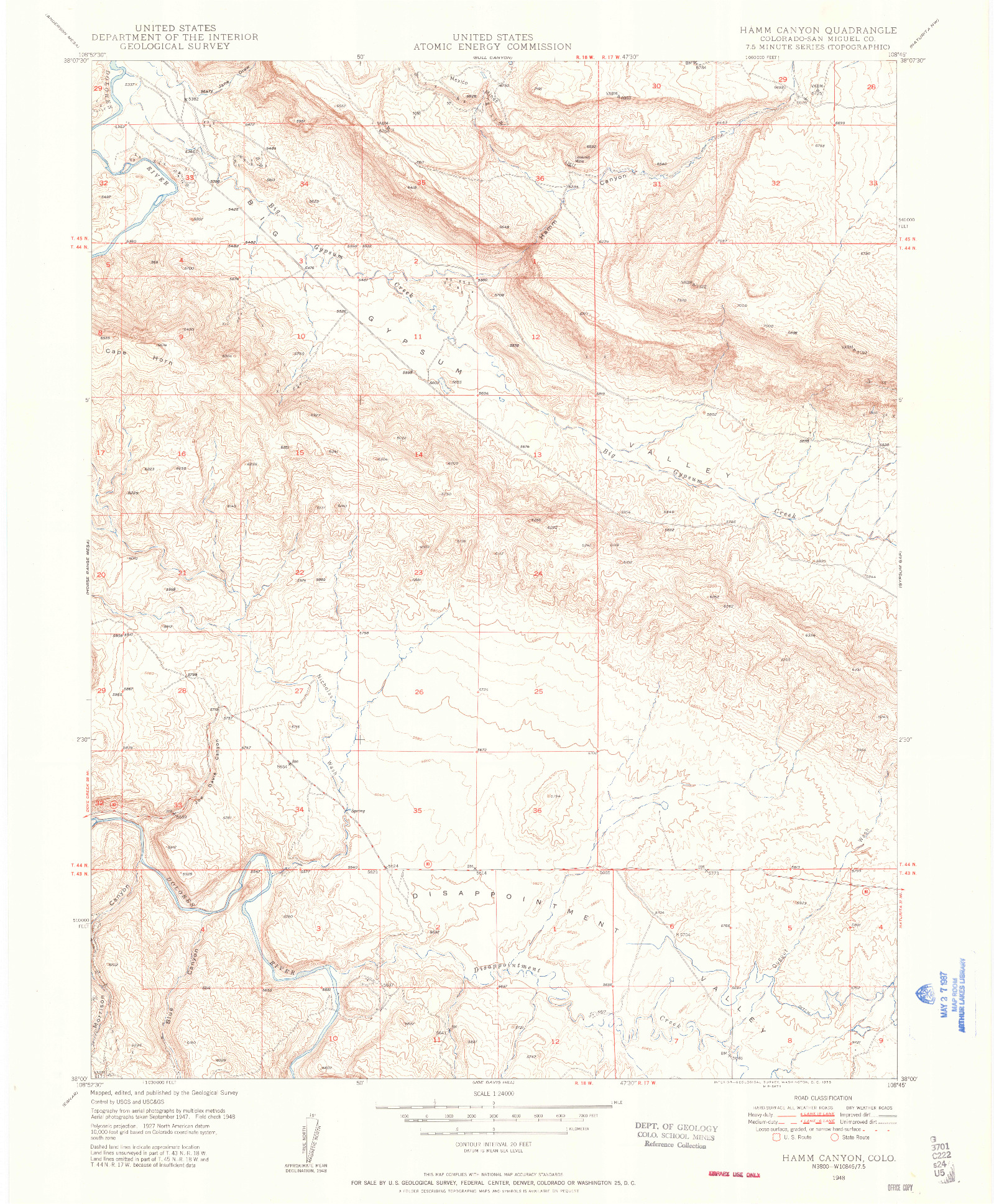 USGS 1:24000-SCALE QUADRANGLE FOR HAMM CANYON, CO 1948