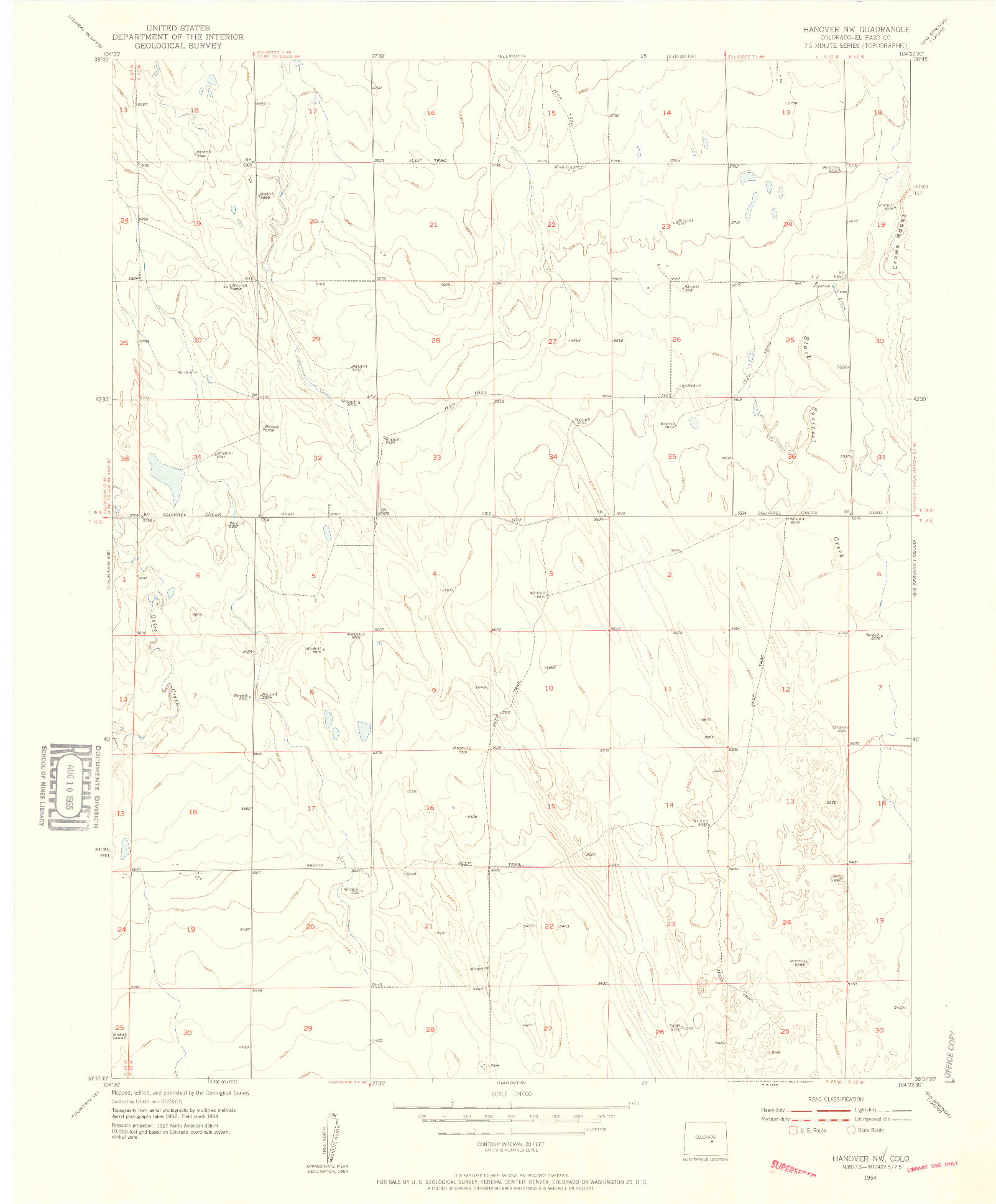 USGS 1:24000-SCALE QUADRANGLE FOR HANOVER NW, CO 1954