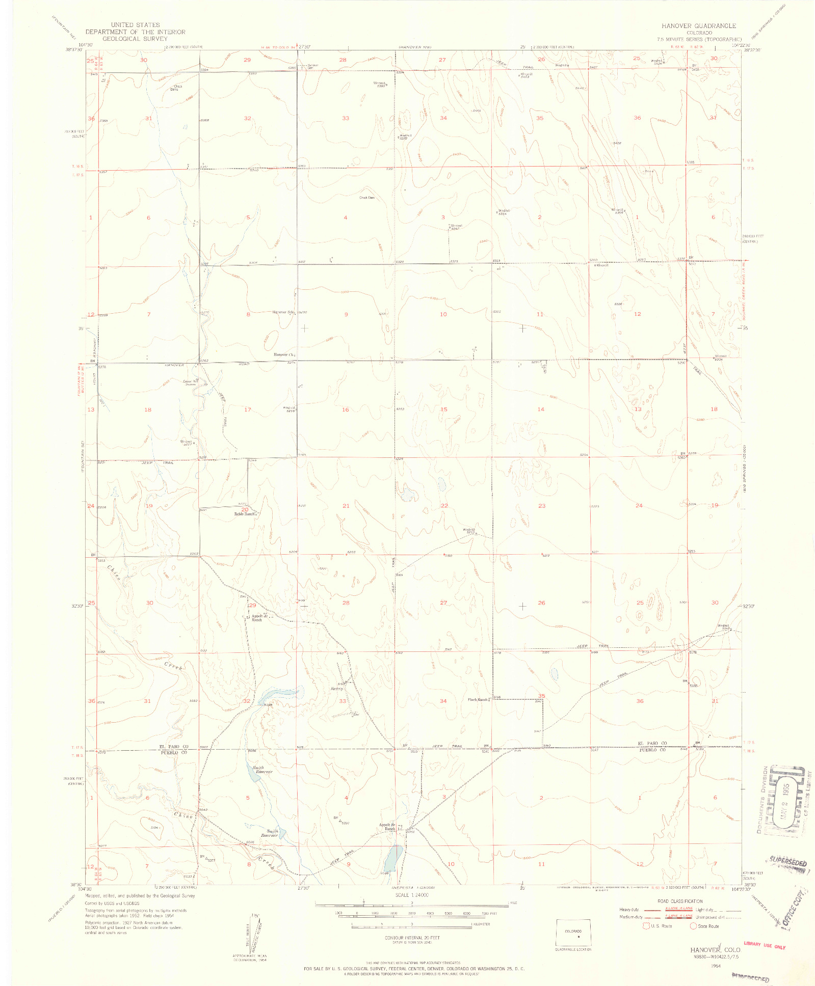 USGS 1:24000-SCALE QUADRANGLE FOR HANOVER, CO 1954