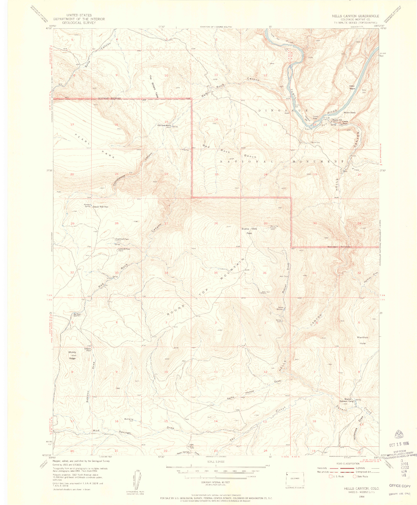 USGS 1:24000-SCALE QUADRANGLE FOR HELLS CANYON, CO 1954