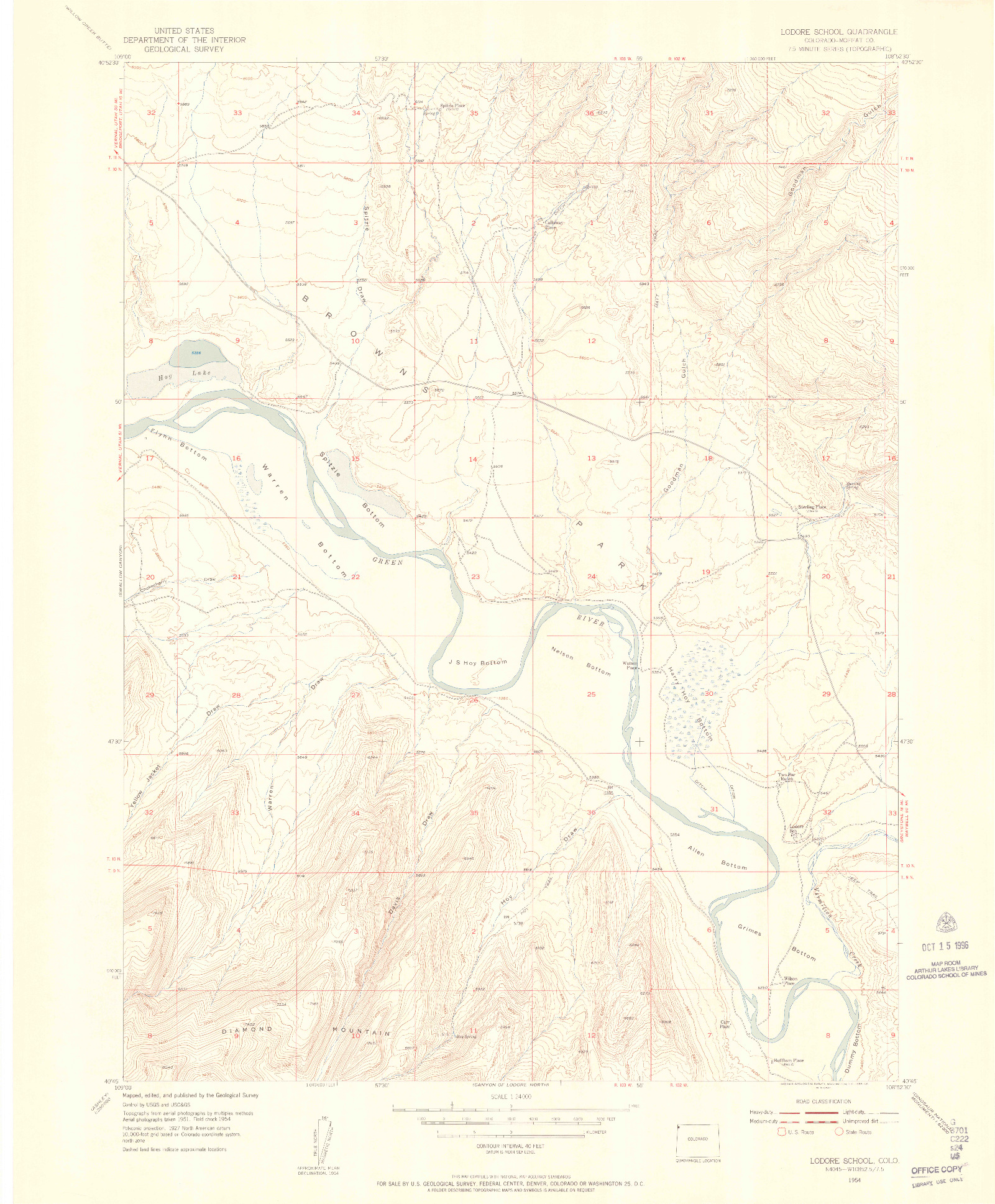 USGS 1:24000-SCALE QUADRANGLE FOR LODORE SCHOOL, CO 1954