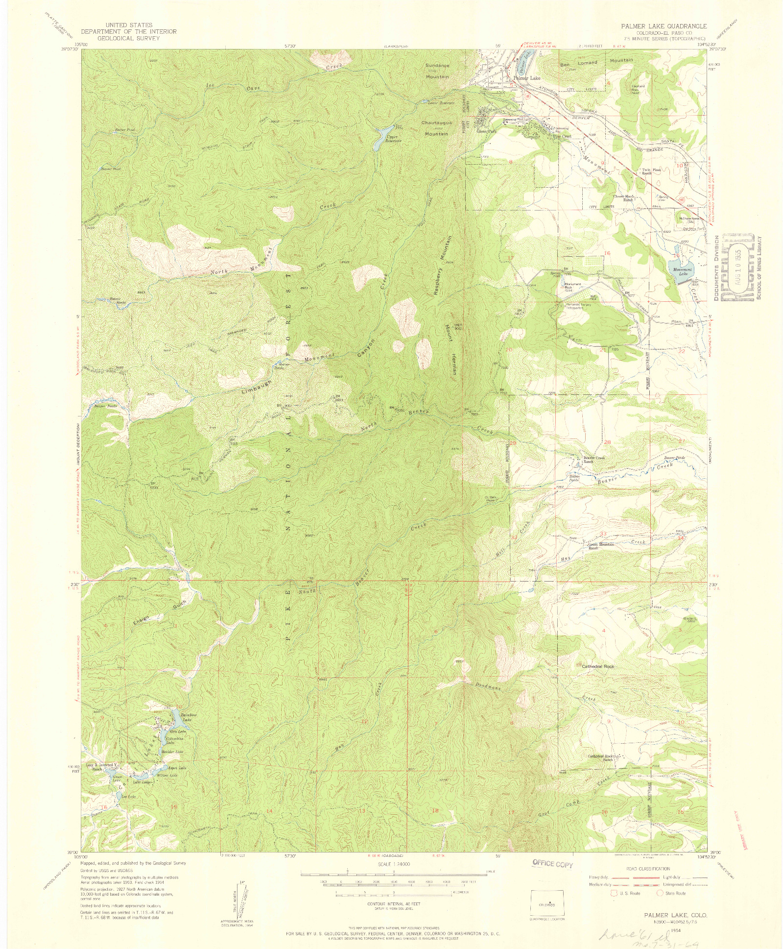 USGS 1:24000-SCALE QUADRANGLE FOR PALMER LAKE, CO 1954