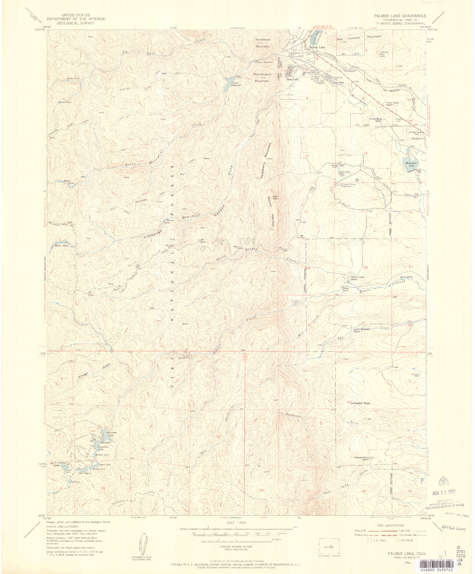 USGS 1:24000-SCALE QUADRANGLE FOR PALMER LAKE, CO 1954