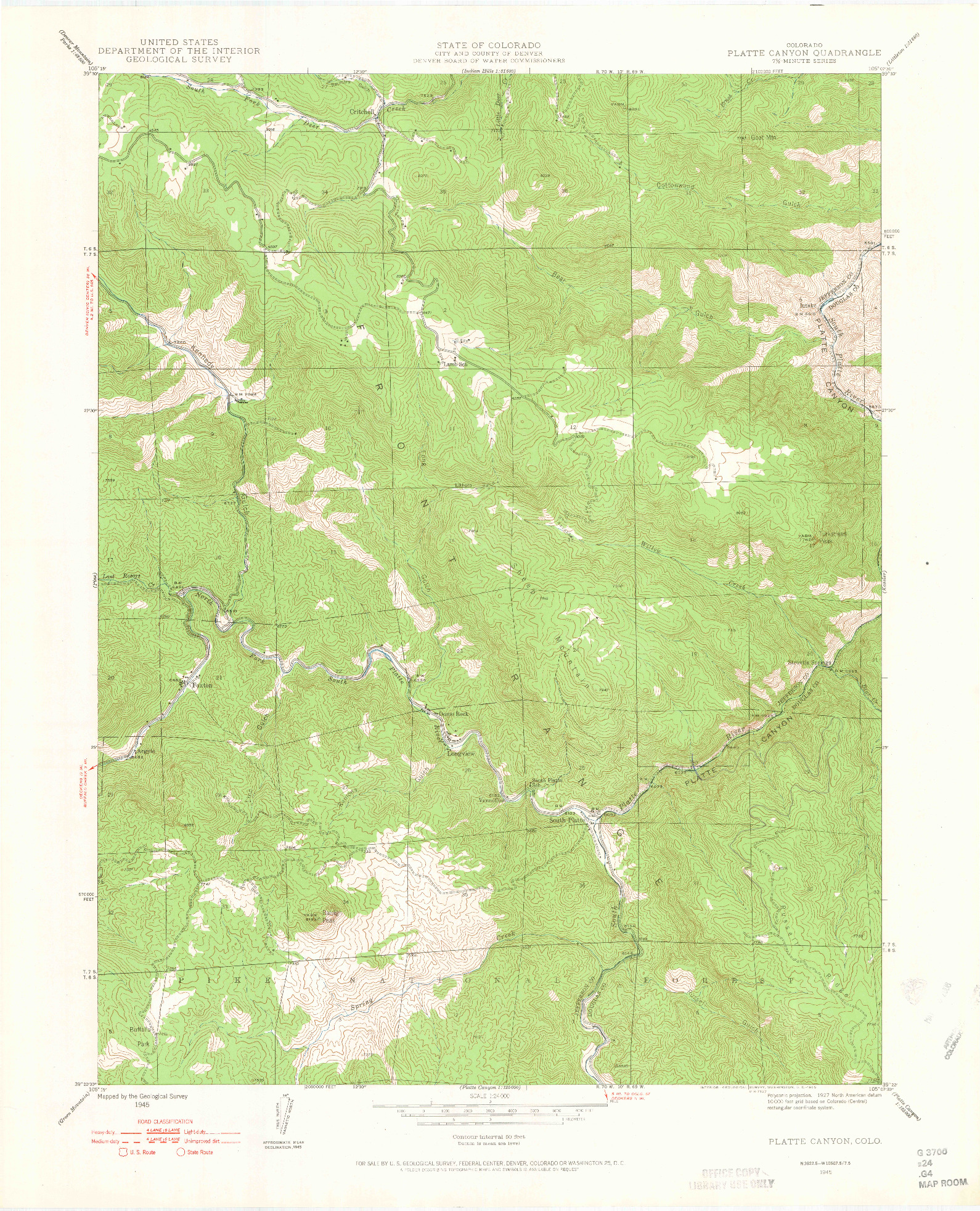 USGS 1:24000-SCALE QUADRANGLE FOR PLATTE CANYON, CO 1945