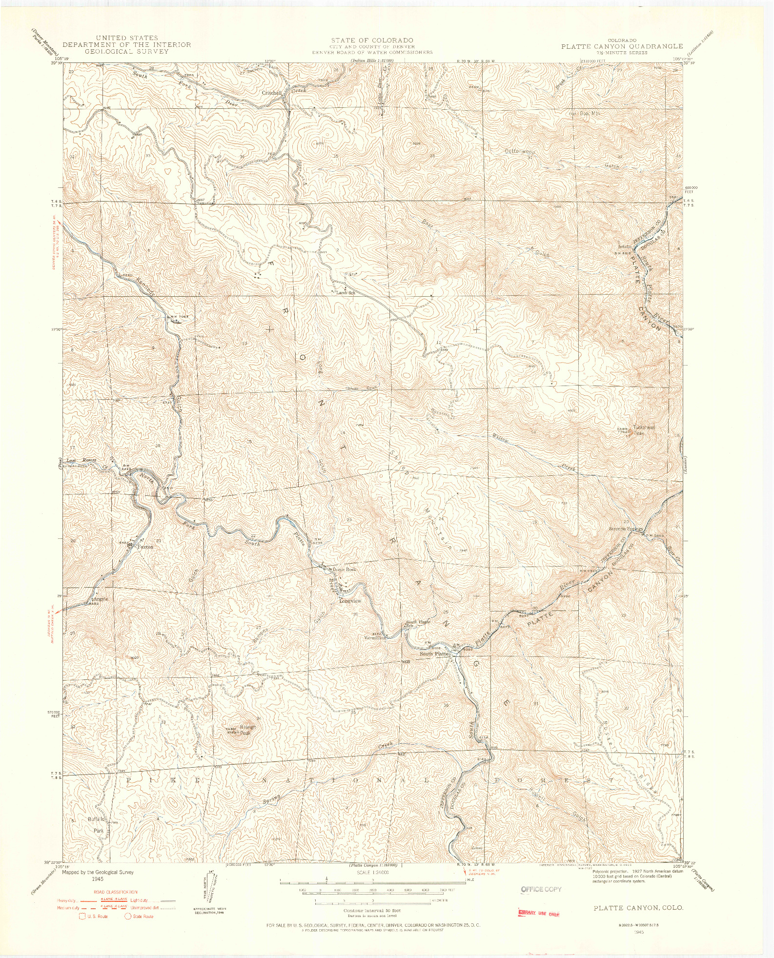 USGS 1:24000-SCALE QUADRANGLE FOR PLATTE CANYON, CO 1945