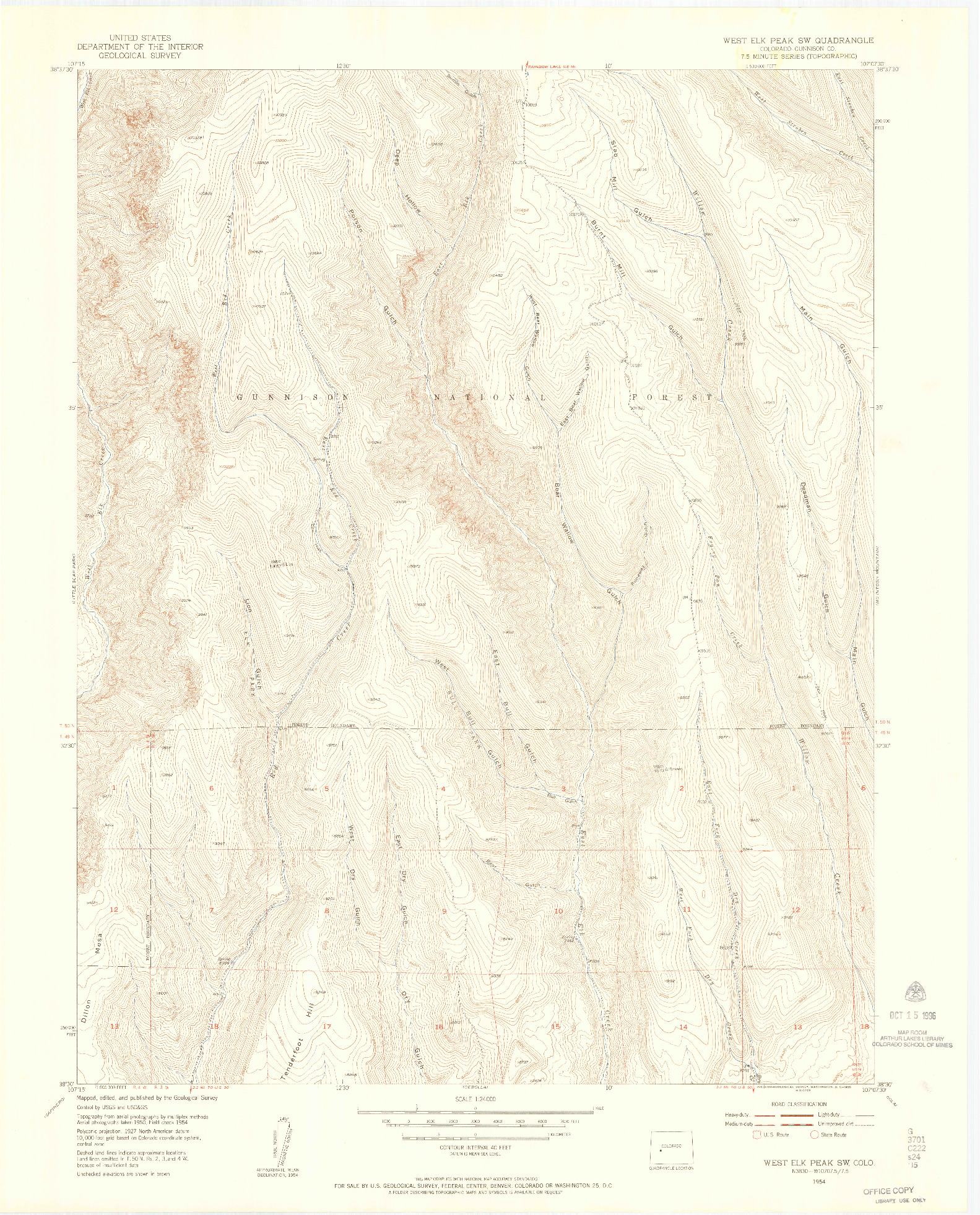 USGS 1:24000-SCALE QUADRANGLE FOR WEST ELK PEAK SW, CO 1954