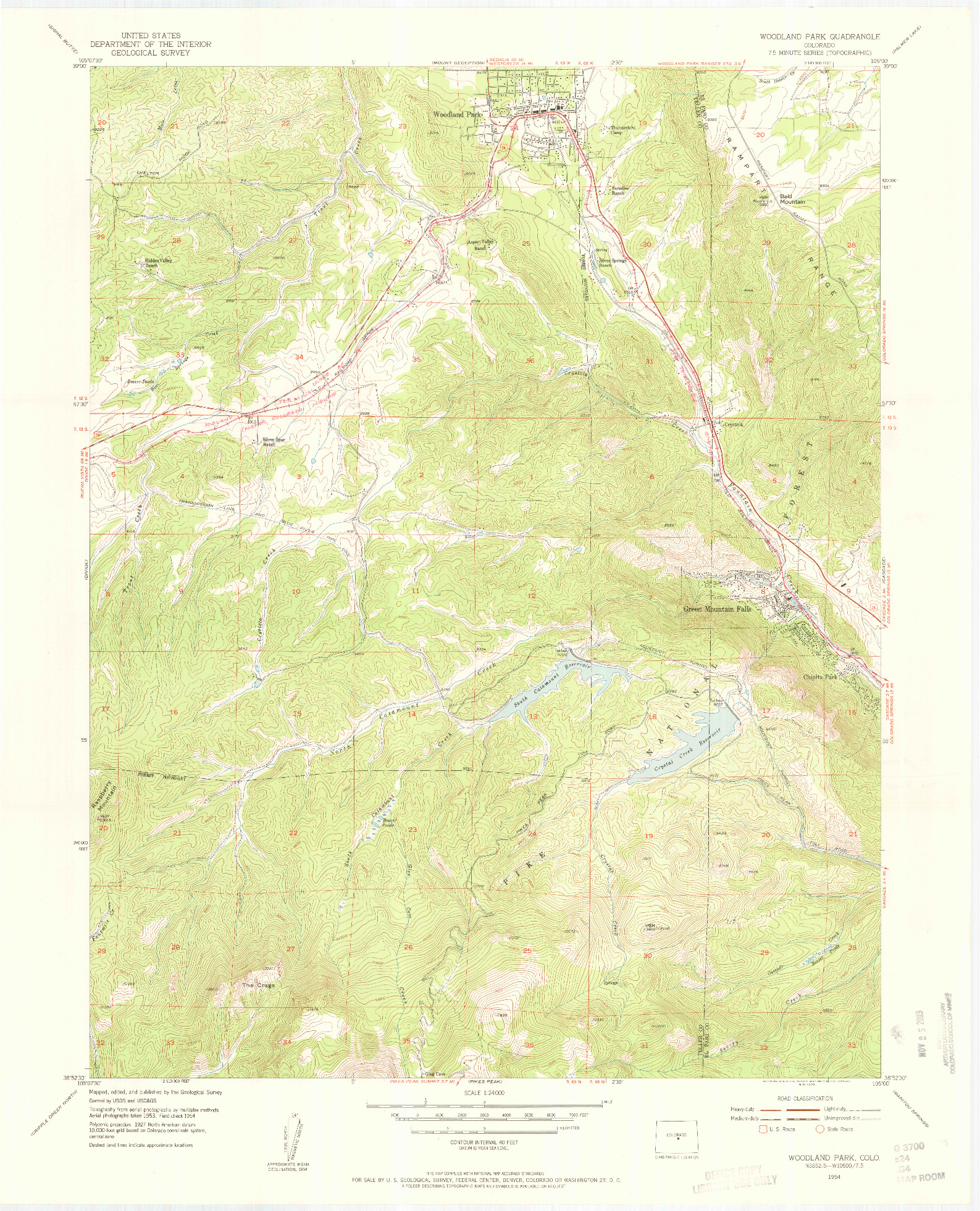 USGS 1:24000-SCALE QUADRANGLE FOR WOODLAND PARK, CO 1954