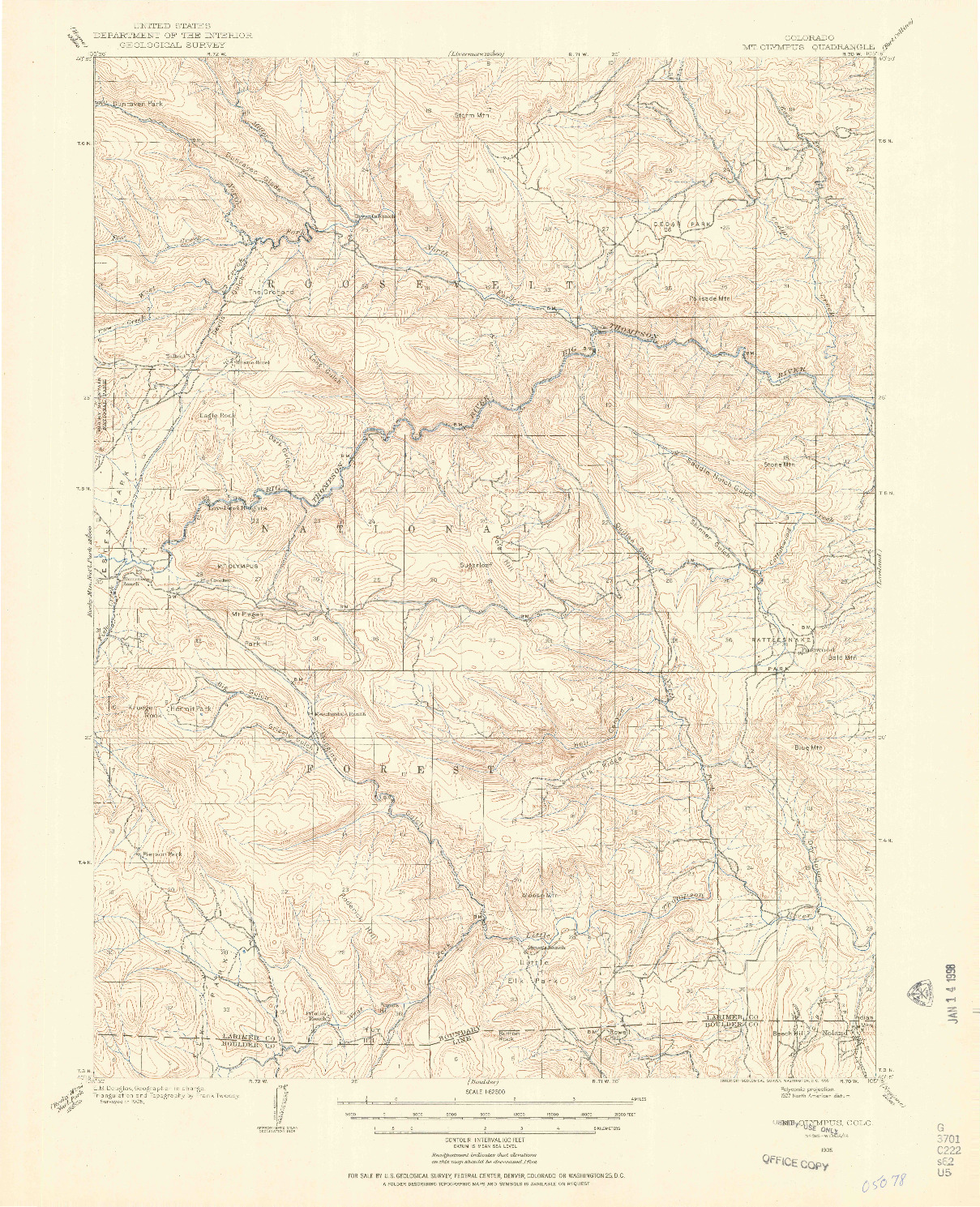 USGS 1:62500-SCALE QUADRANGLE FOR MOUNT OLYMPUS, CO 1905