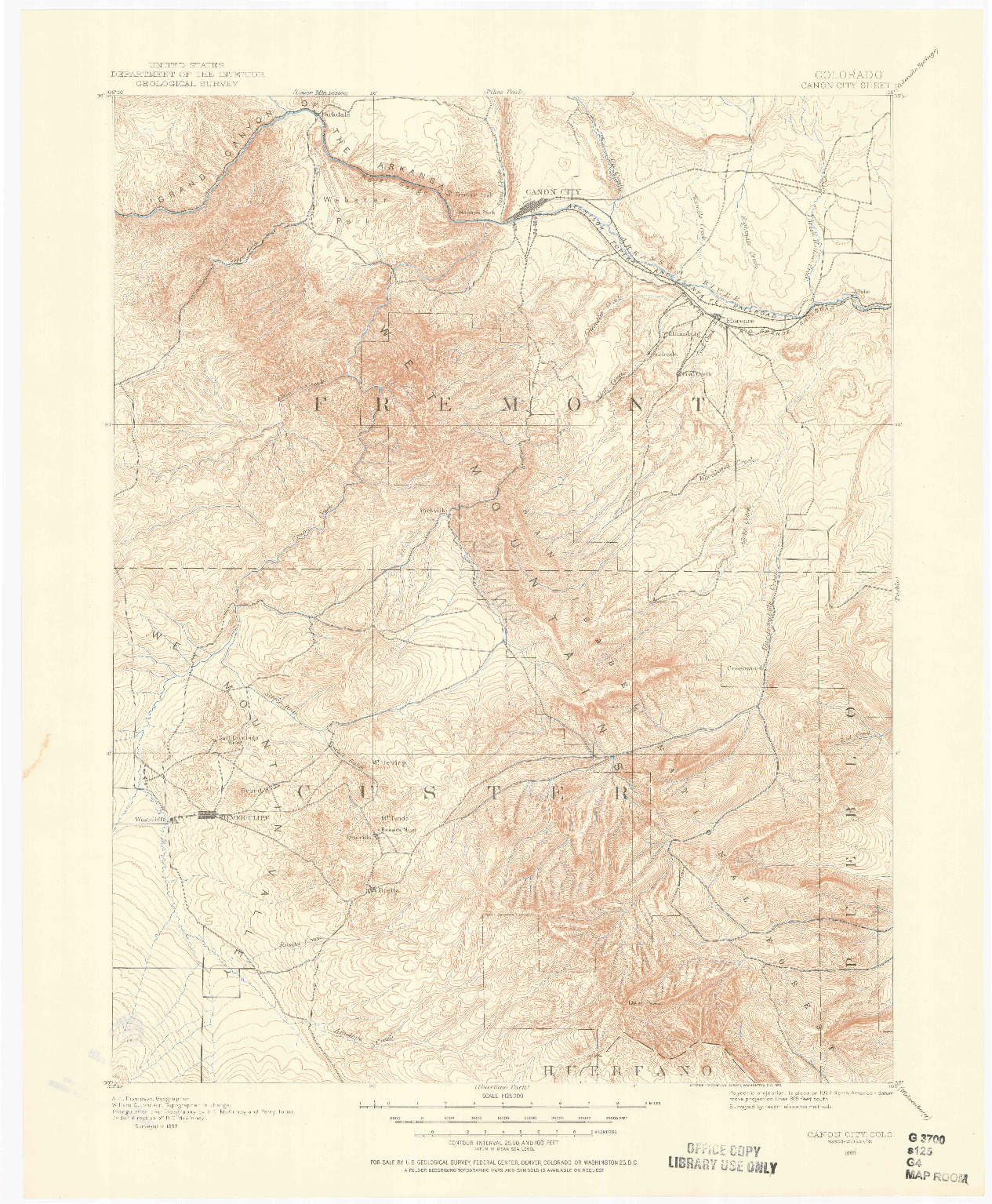 USGS 1:125000-SCALE QUADRANGLE FOR CANON CITY, CO 1889
