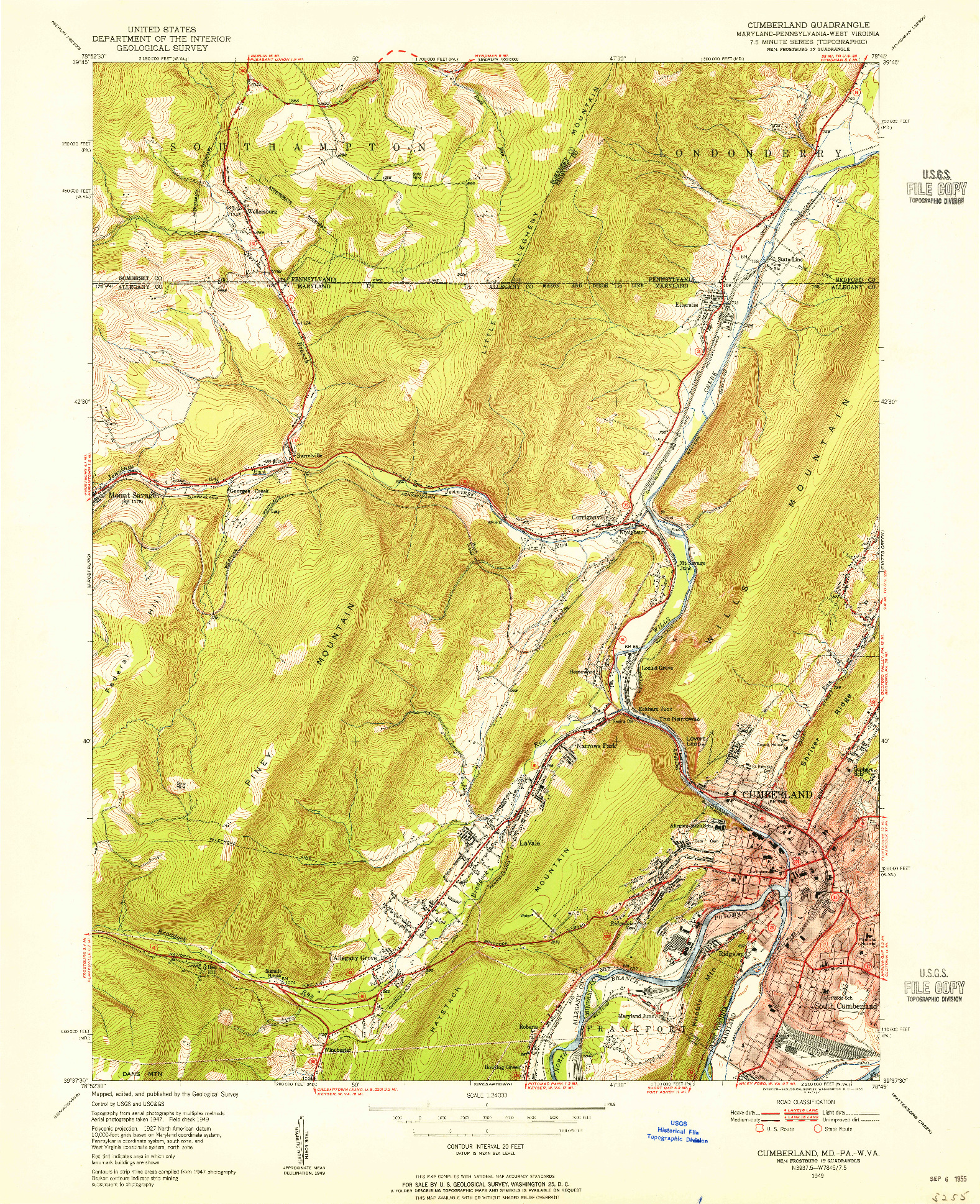 USGS 1:24000-SCALE QUADRANGLE FOR CUMBERLAND, MD 1949