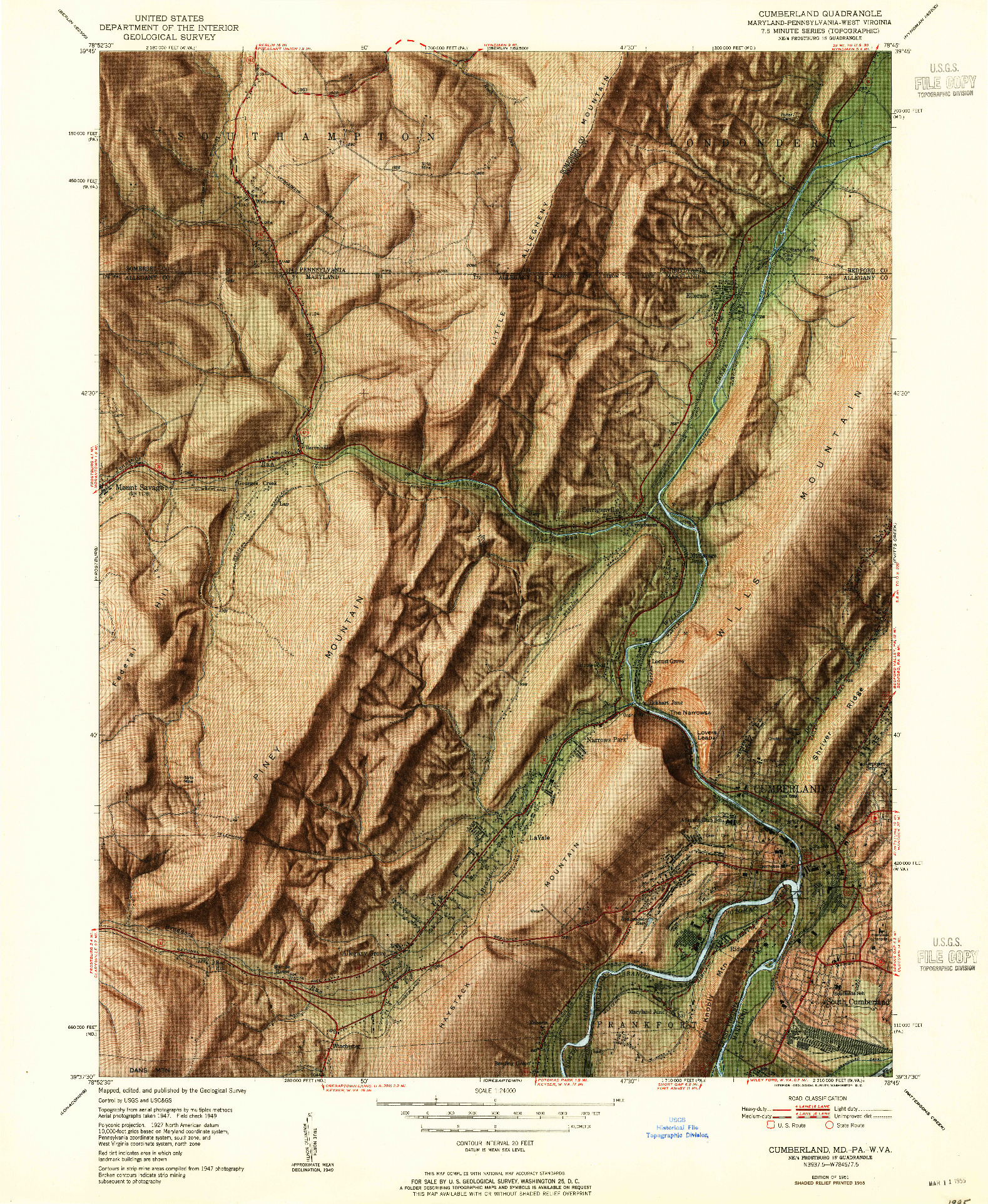 USGS 1:24000-SCALE QUADRANGLE FOR CUMBERLAND, MD 1951