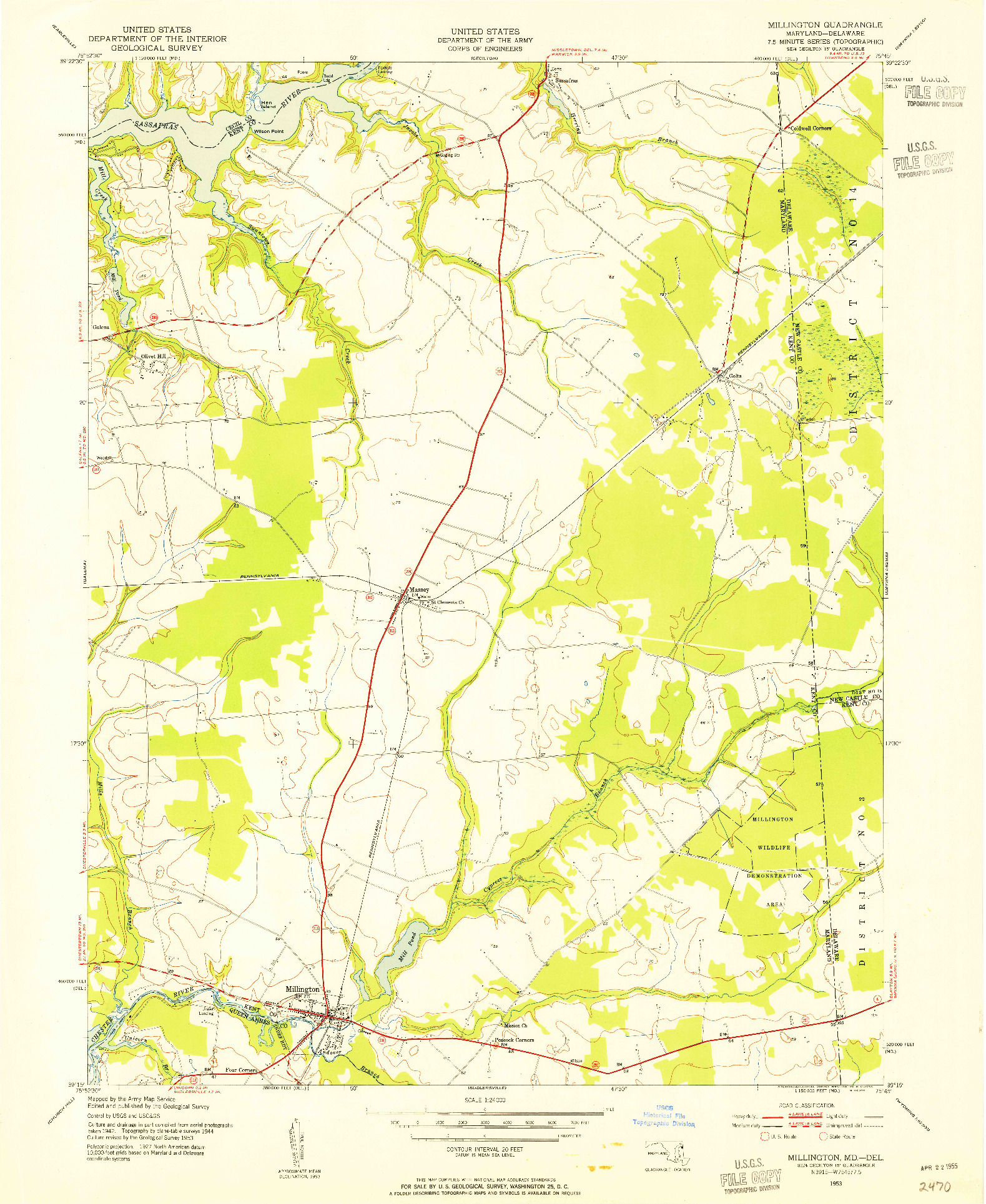 USGS 1:24000-SCALE QUADRANGLE FOR MILLINGTON, MD 1953