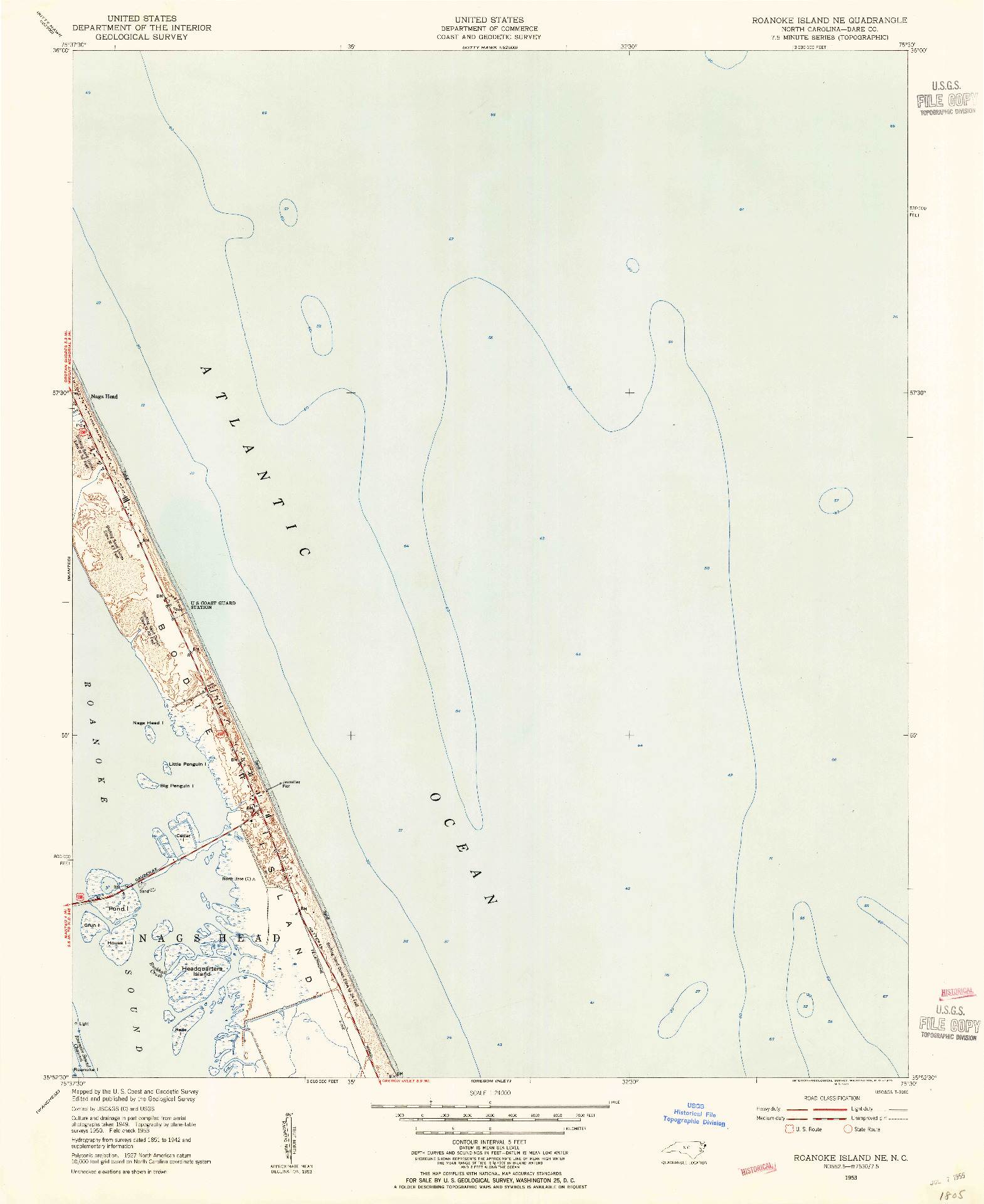 USGS 1:24000-SCALE QUADRANGLE FOR ROANOKE ISLAND NE, NC 1953
