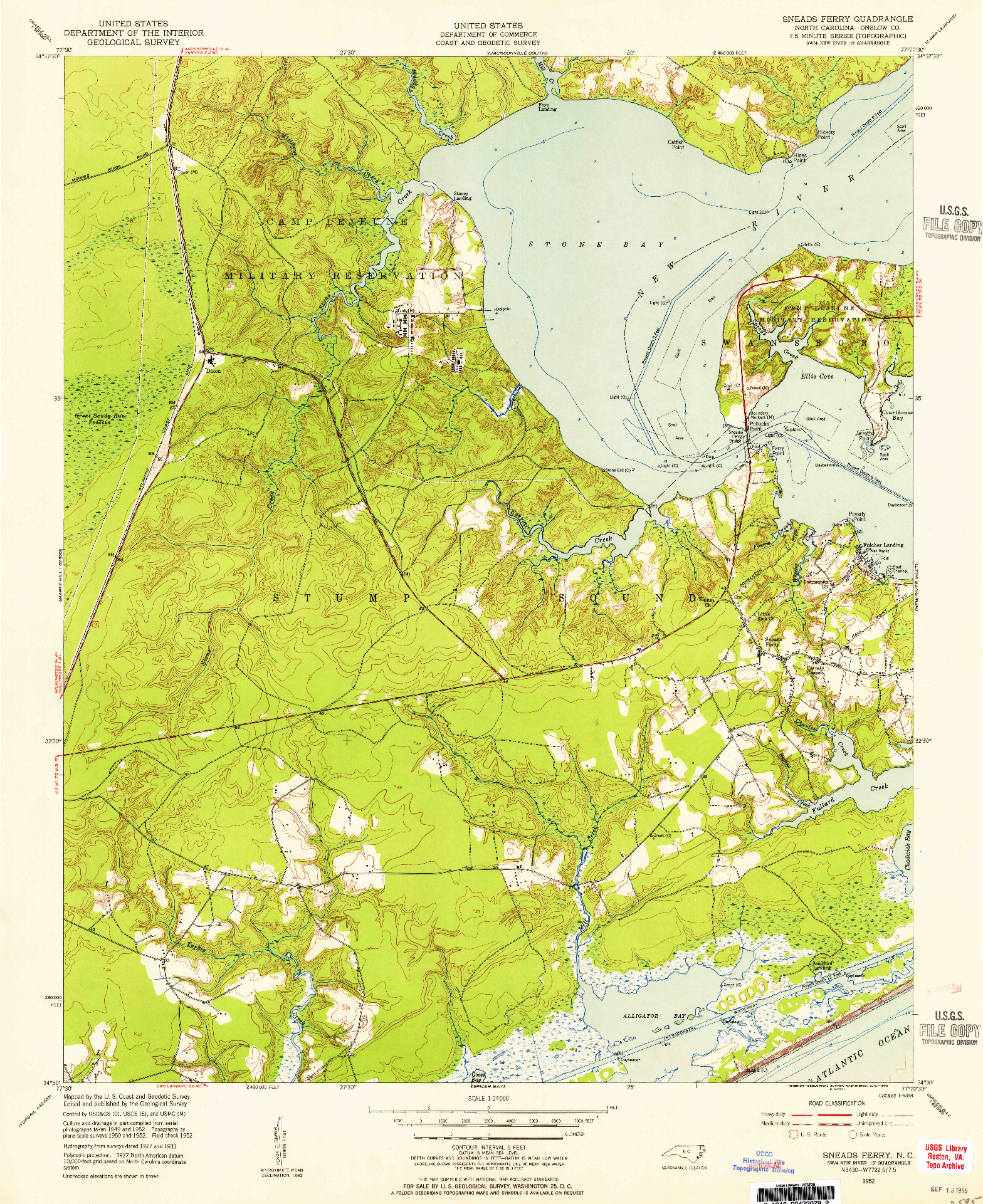 USGS 1:24000-SCALE QUADRANGLE FOR SNEADS FERRY, NC 1952