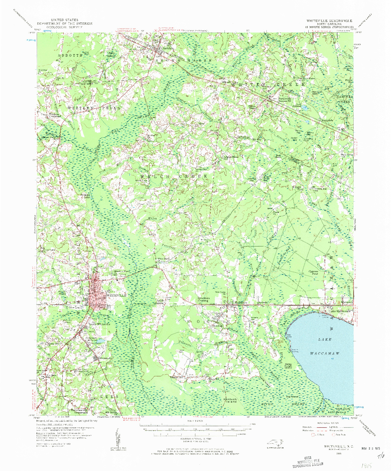 USGS 1:62500-SCALE QUADRANGLE FOR WHITEVILLE, NC 1955