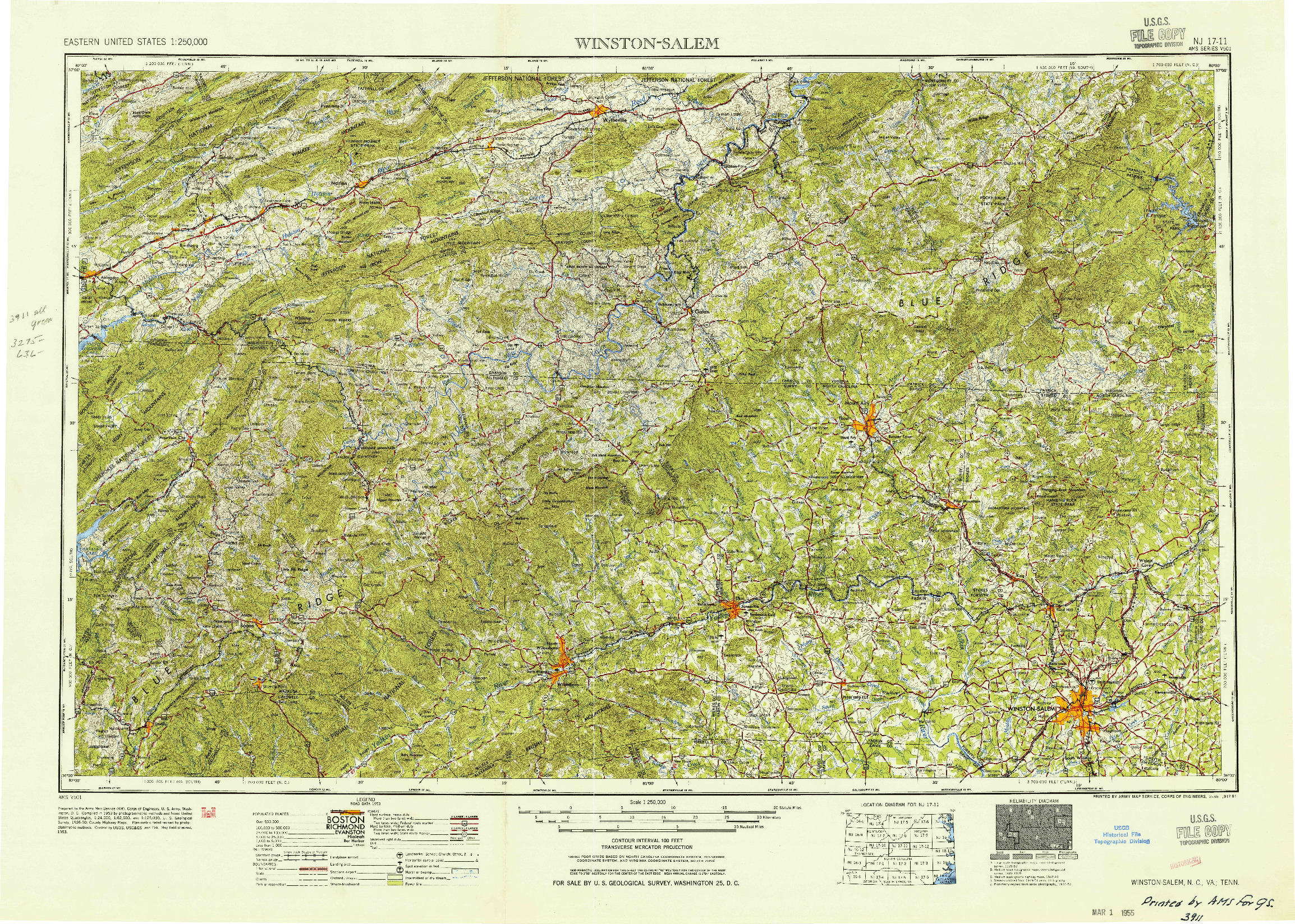 USGS 1:250000-SCALE QUADRANGLE FOR WINSTON-SALEM, NC 1955