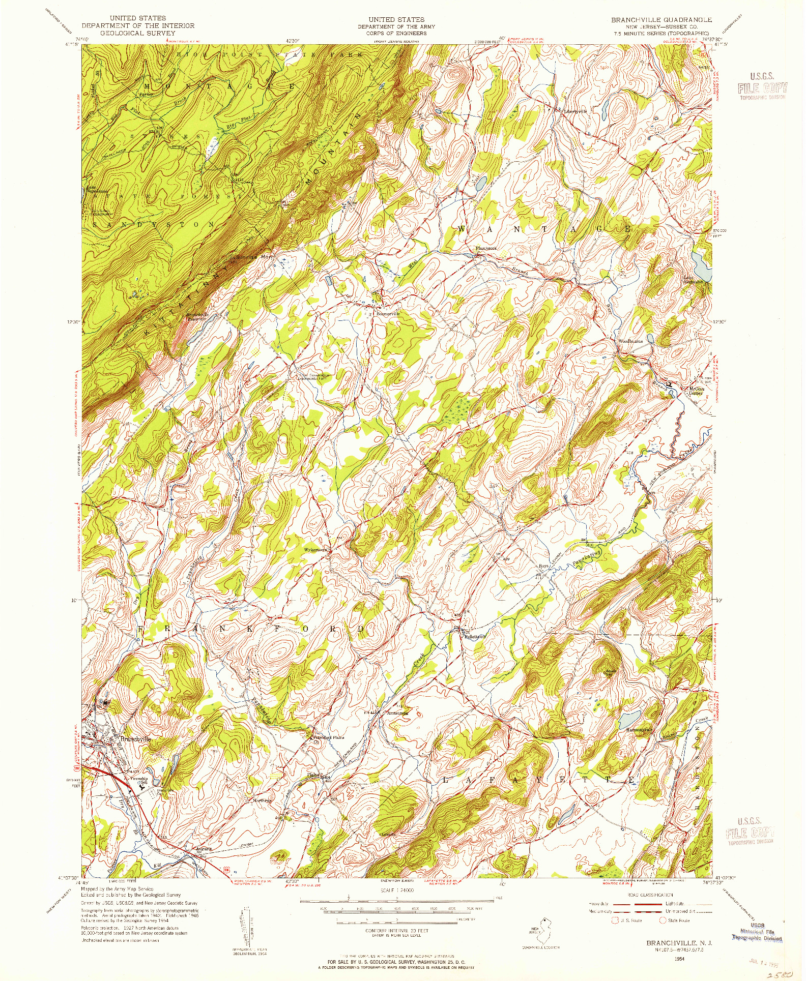 USGS 1:24000-SCALE QUADRANGLE FOR BRANCHVILLE, NJ 1954