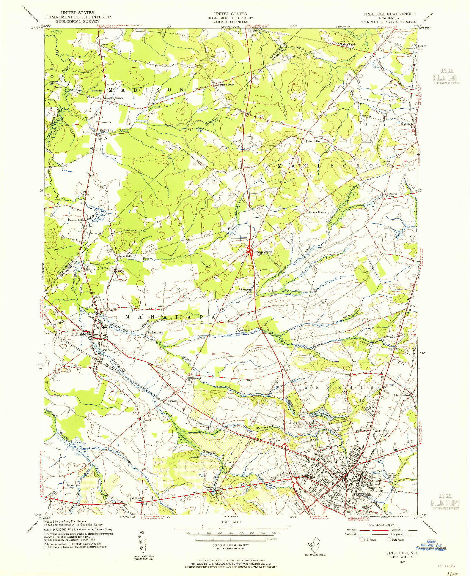 USGS 1:24000-SCALE QUADRANGLE FOR FREEHOLD, NJ 1953