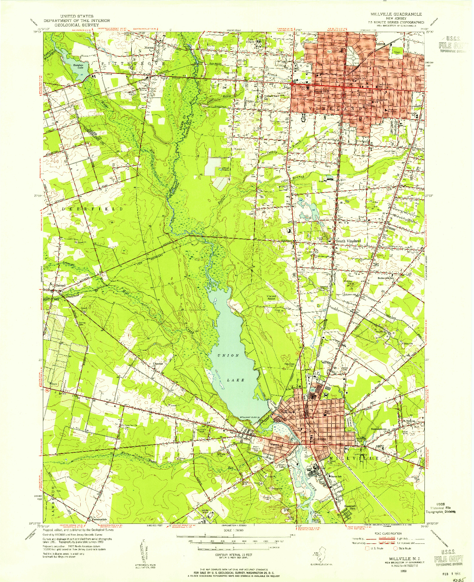 USGS 1:24000-SCALE QUADRANGLE FOR MILLVILLE, NJ 1953