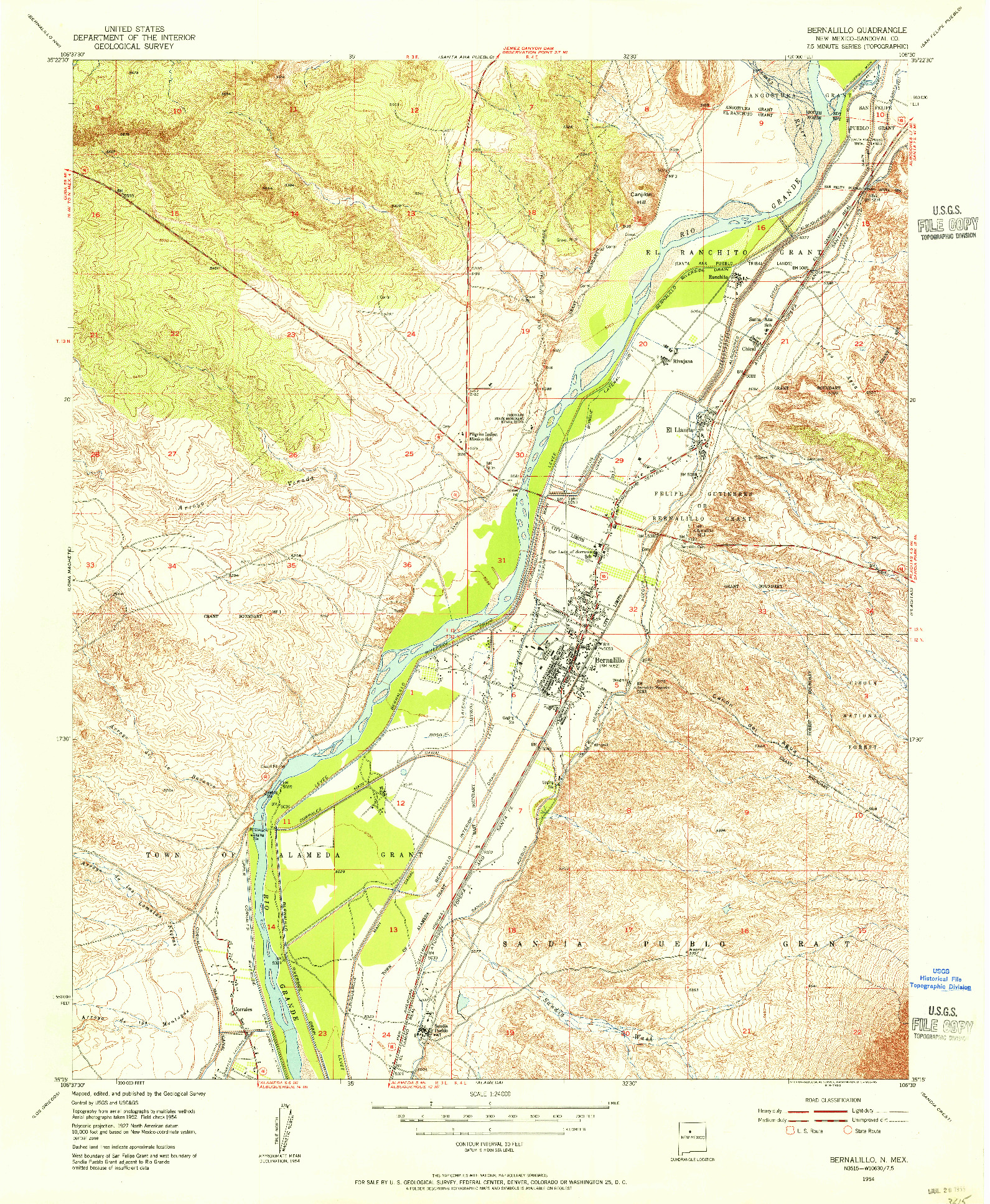 USGS 1:24000-SCALE QUADRANGLE FOR BERNALILLO, NM 1954