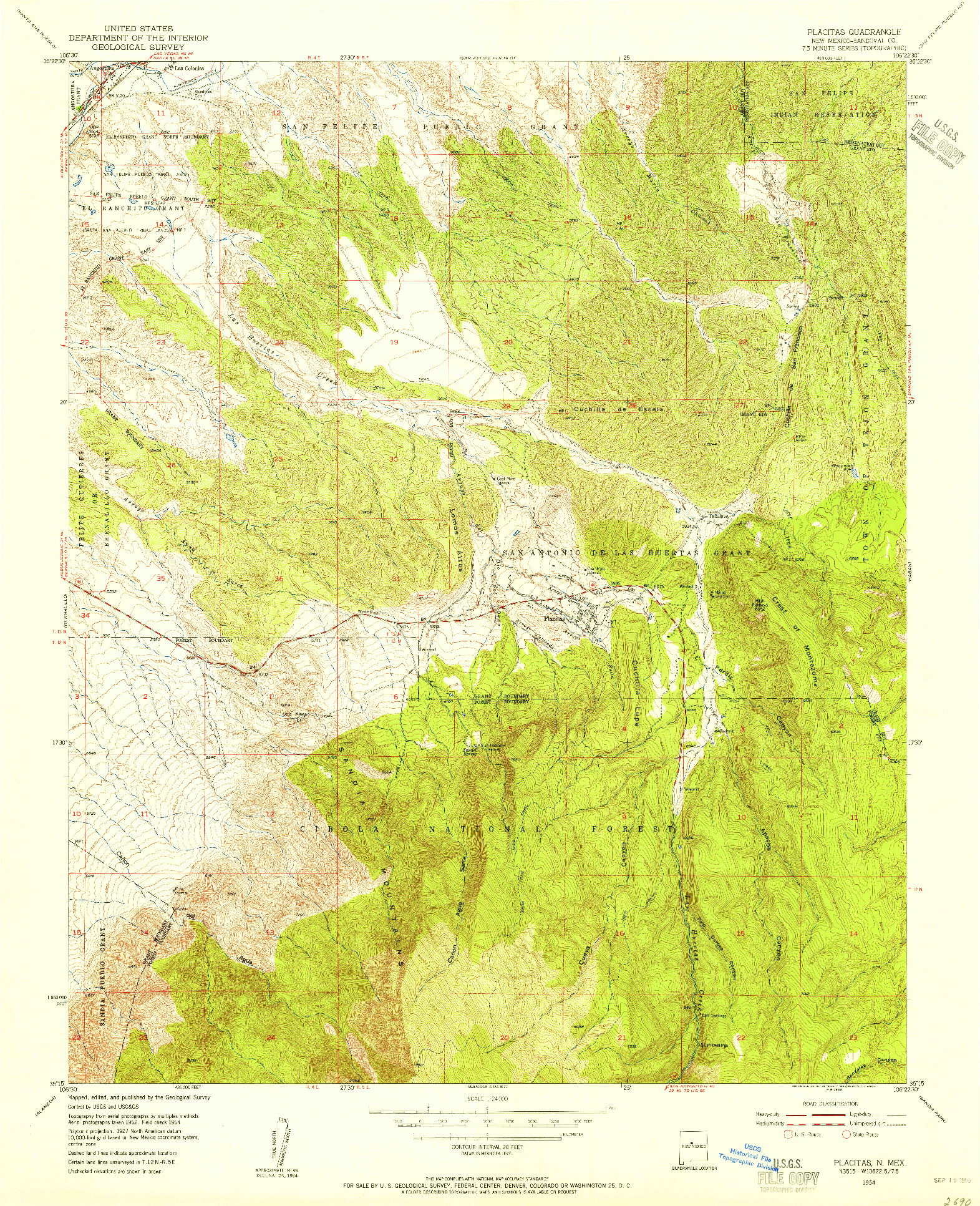 USGS 1:24000-SCALE QUADRANGLE FOR PLACITAS, NM 1954