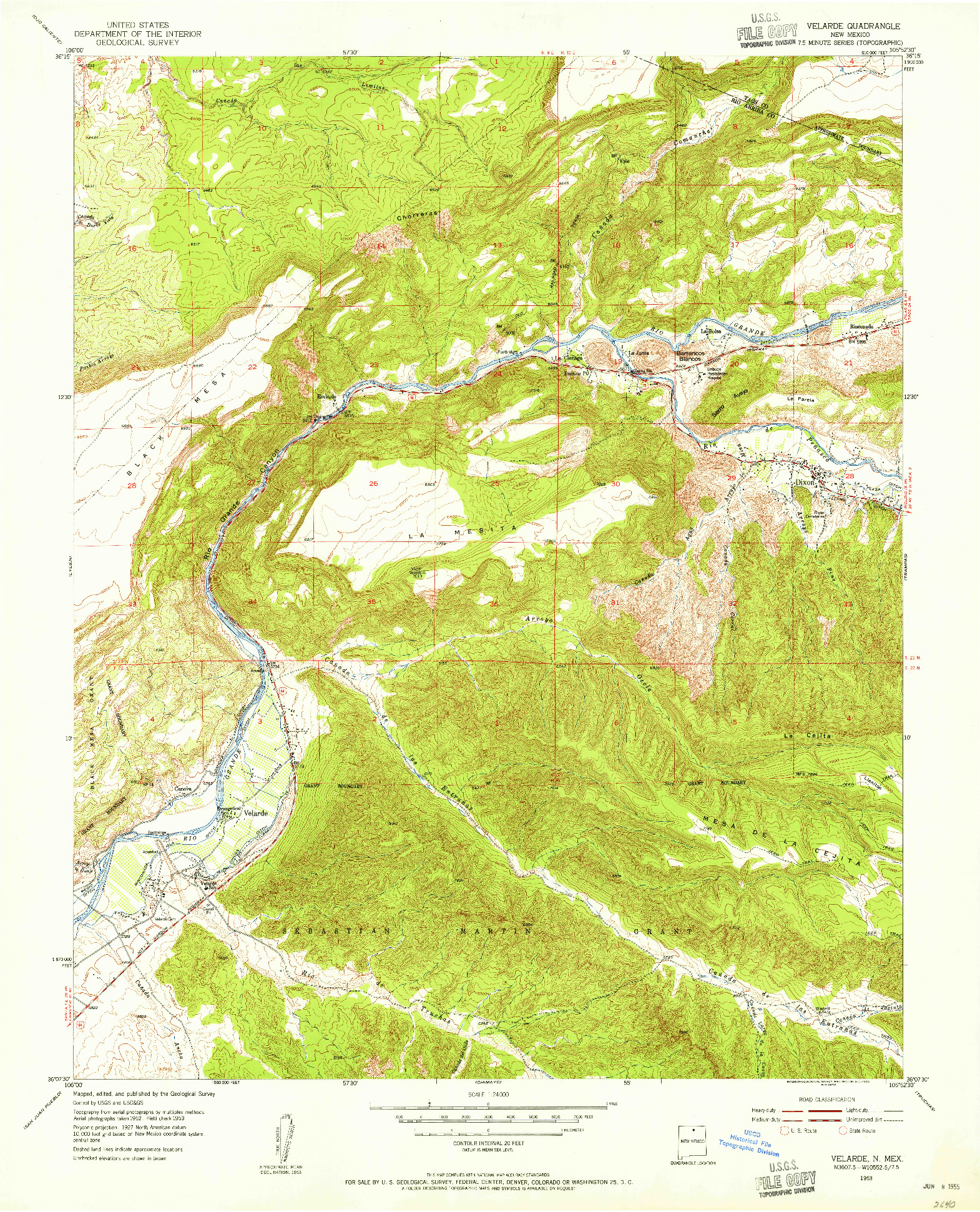 USGS 1:24000-SCALE QUADRANGLE FOR VELARDE, NM 1953