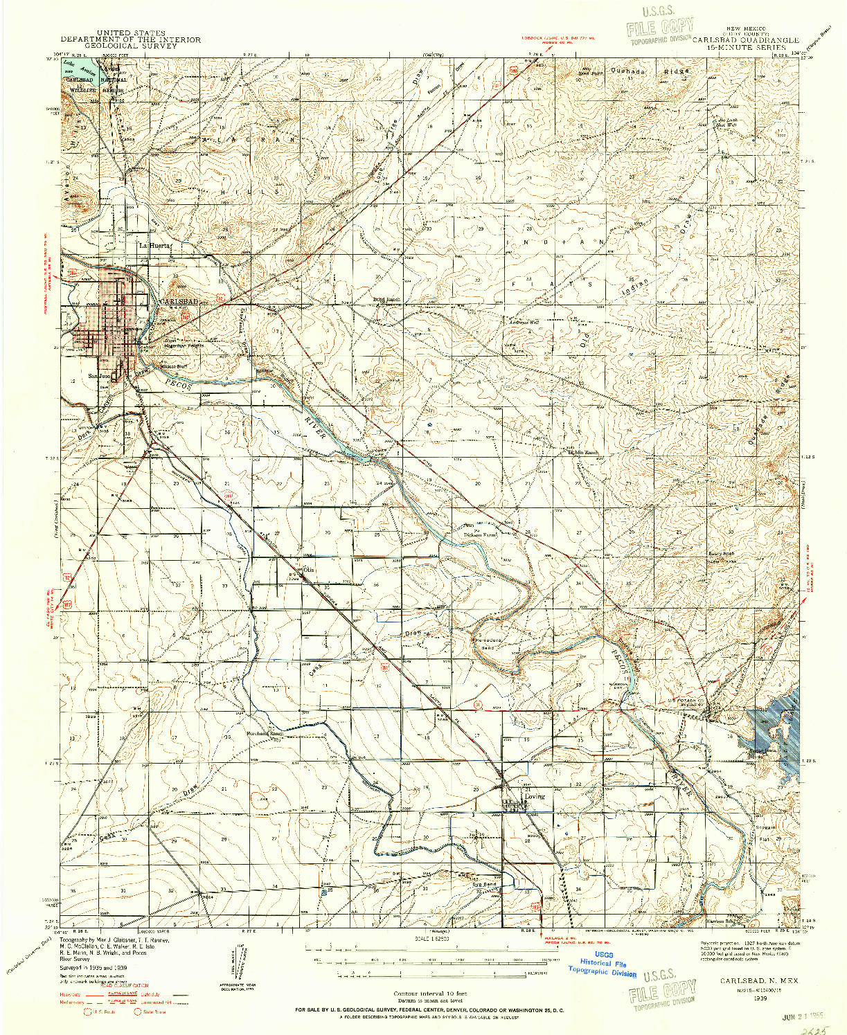 USGS 1:62500-SCALE QUADRANGLE FOR CARLSBAD, NM 1939