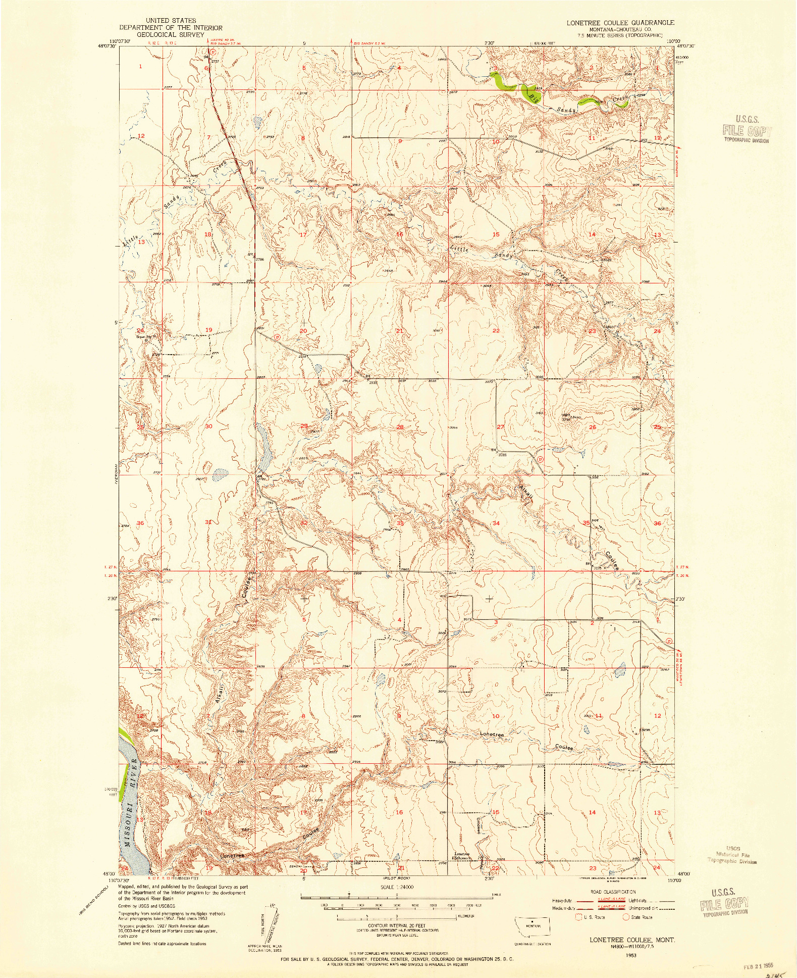 USGS 1:24000-SCALE QUADRANGLE FOR LONETREE COULEE, MT 1953
