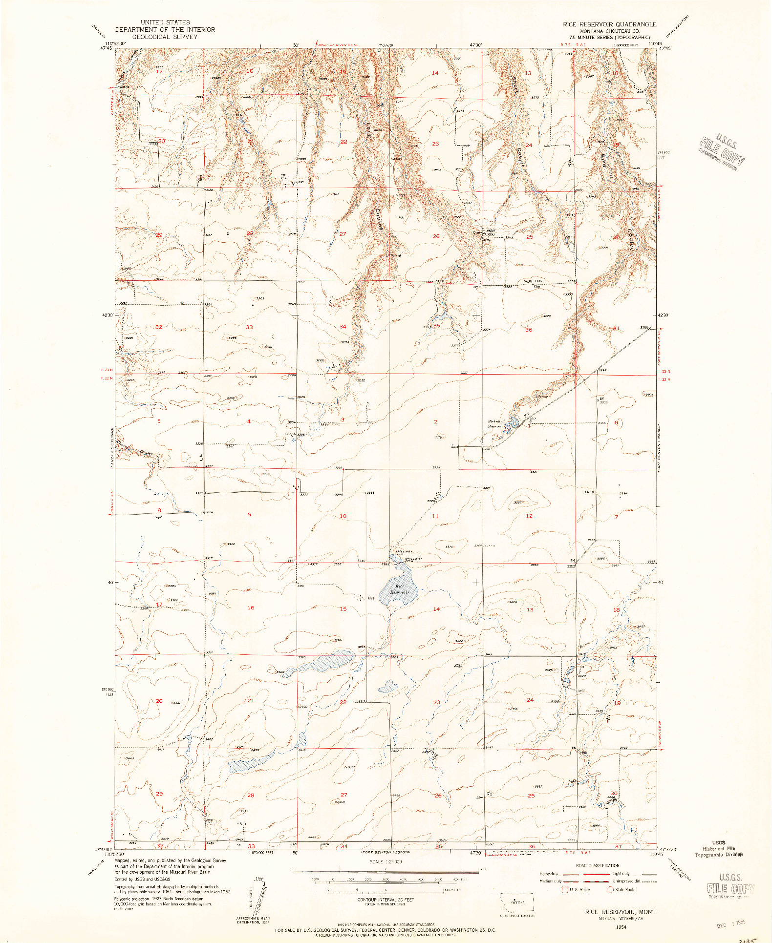 USGS 1:24000-SCALE QUADRANGLE FOR RICE RESERVOIR, MT 1954