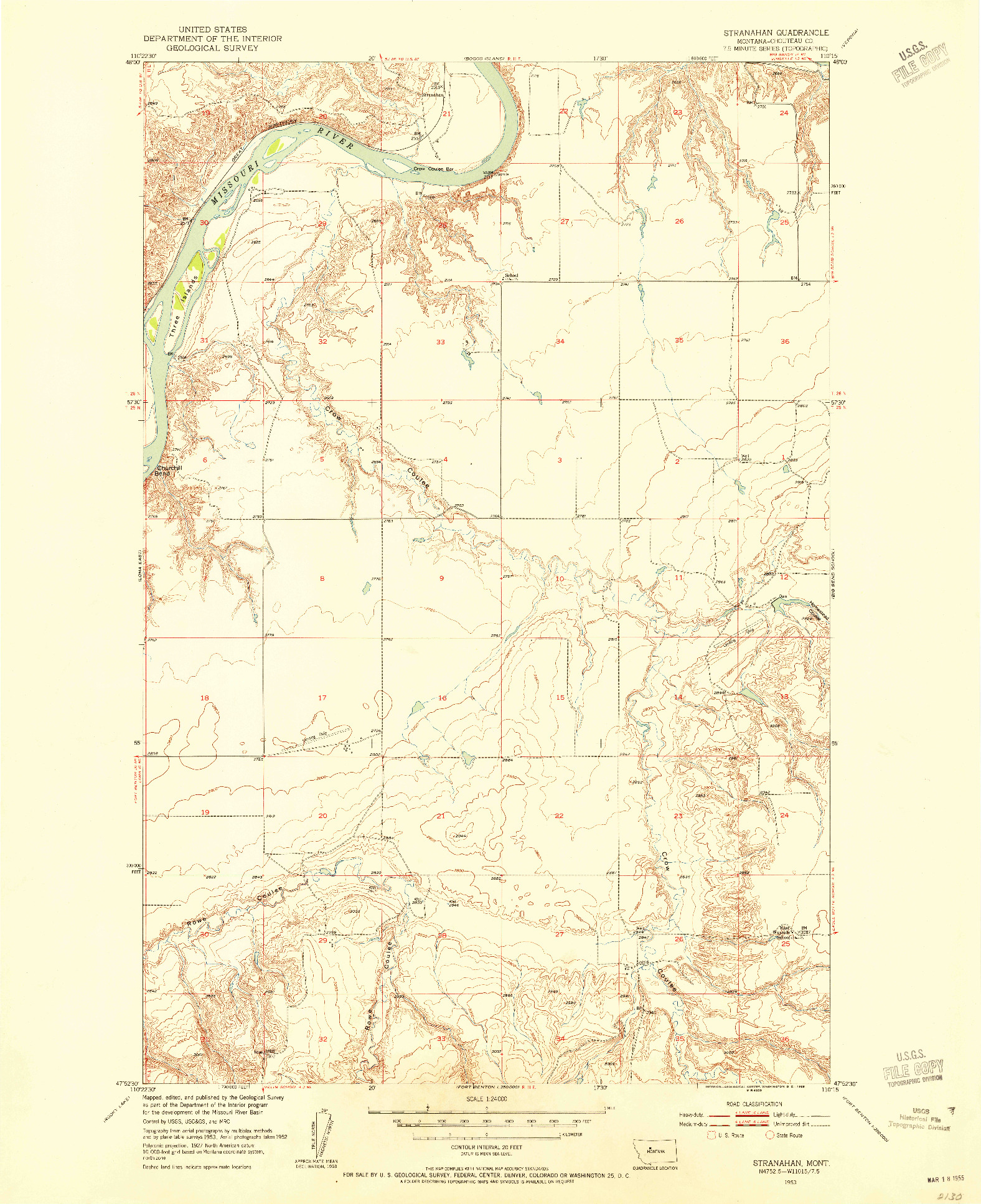 USGS 1:24000-SCALE QUADRANGLE FOR STRANAHAN, MT 1953