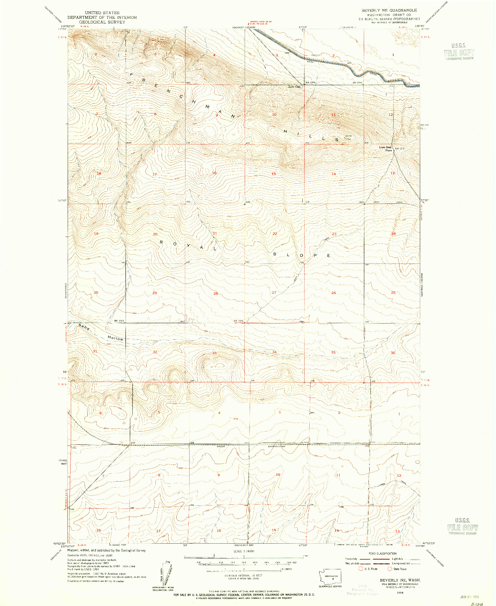USGS 1:24000-SCALE QUADRANGLE FOR BEVERLY NE, WA 1954