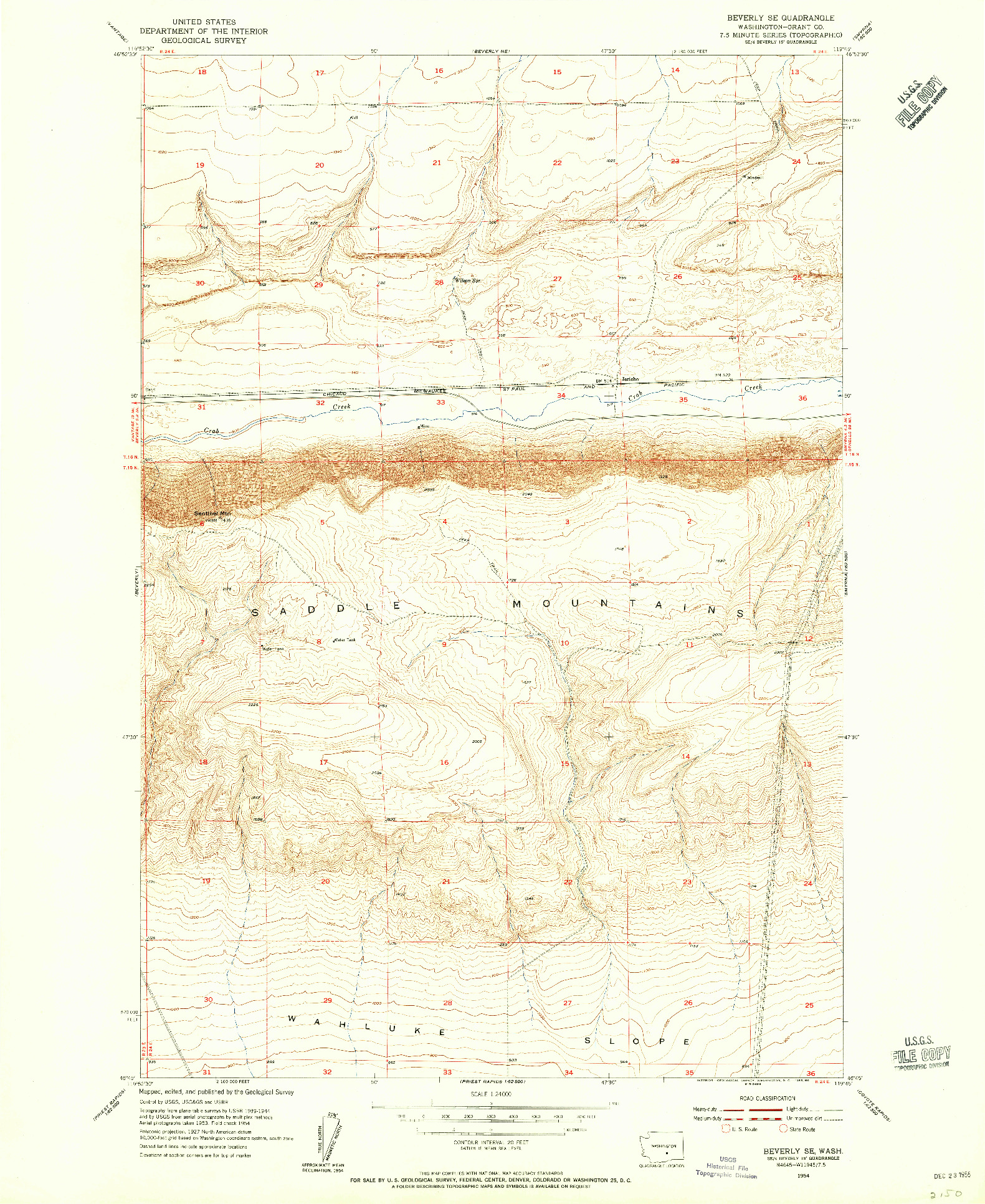 USGS 1:24000-SCALE QUADRANGLE FOR BEVERLY SE, WA 1954