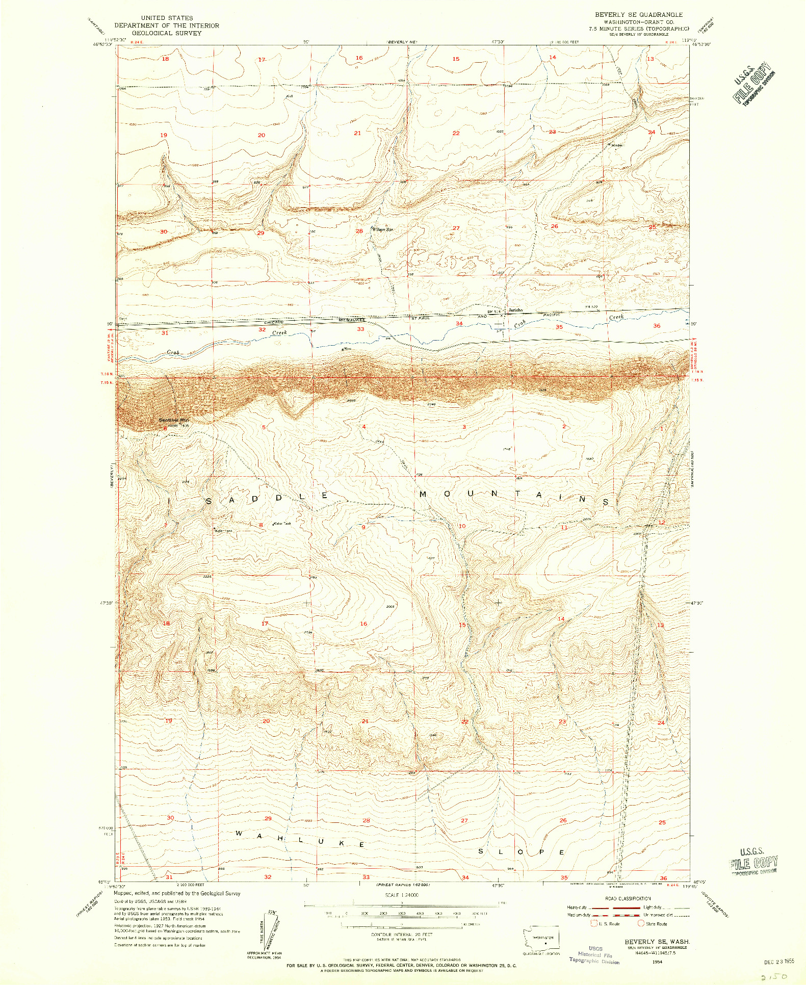 USGS 1:24000-SCALE QUADRANGLE FOR BEVERLY SE, WA 1954