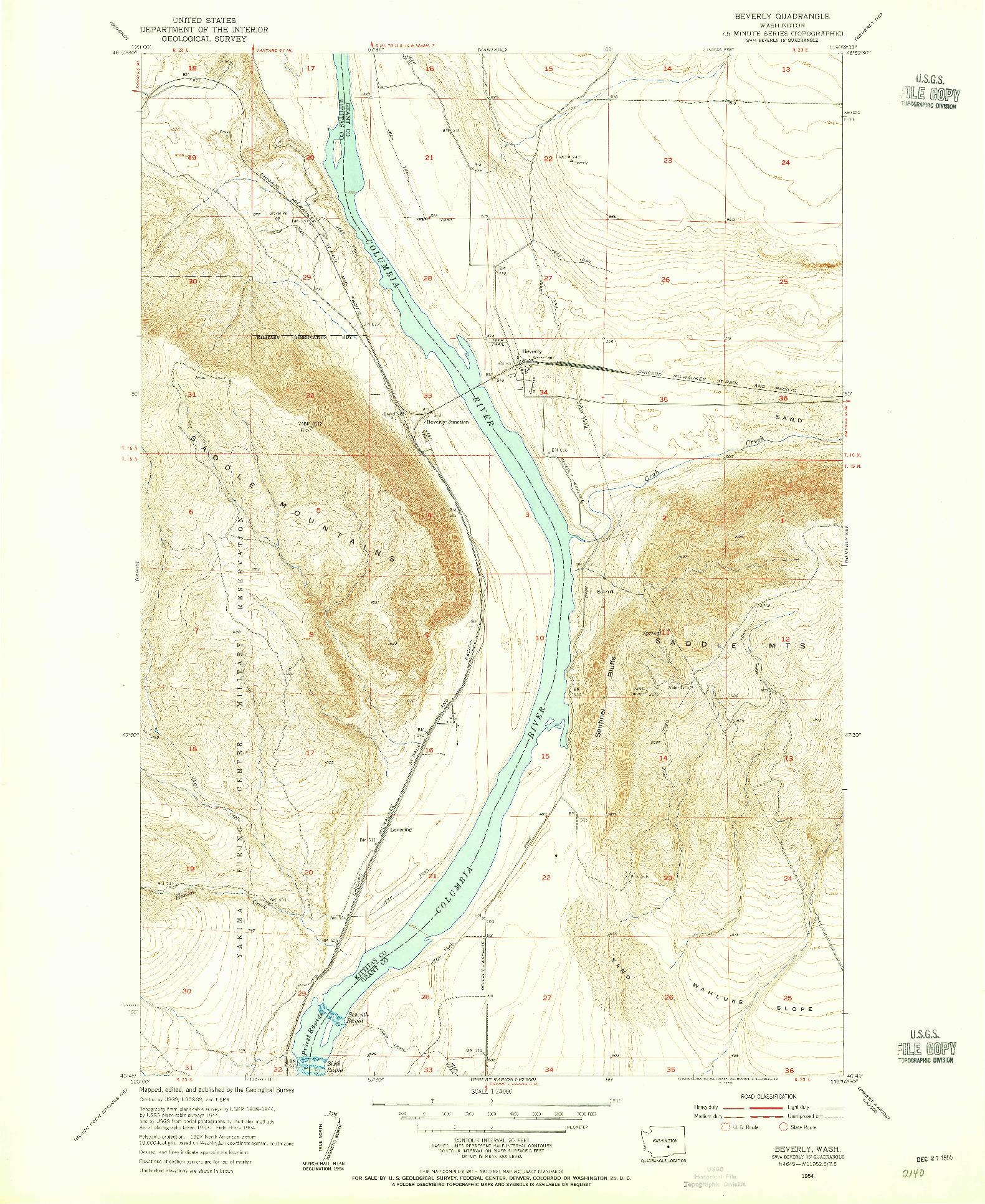 USGS 1:24000-SCALE QUADRANGLE FOR BEVERLY, WA 1954