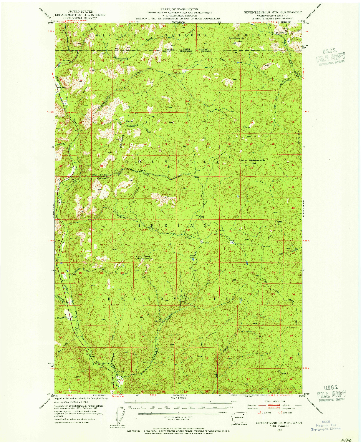 USGS 1:62500-SCALE QUADRANGLE FOR SEVENTEENMILE MTN., WA 1953