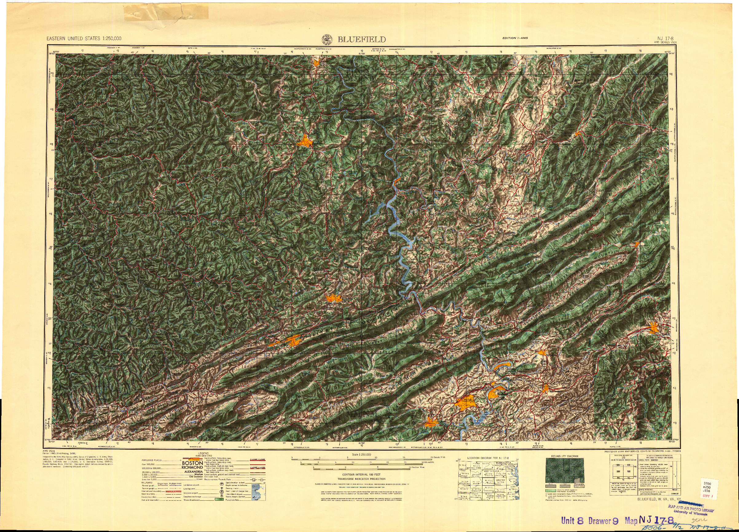 USGS 1:250000-SCALE QUADRANGLE FOR BLUEFIELD, WV 1955