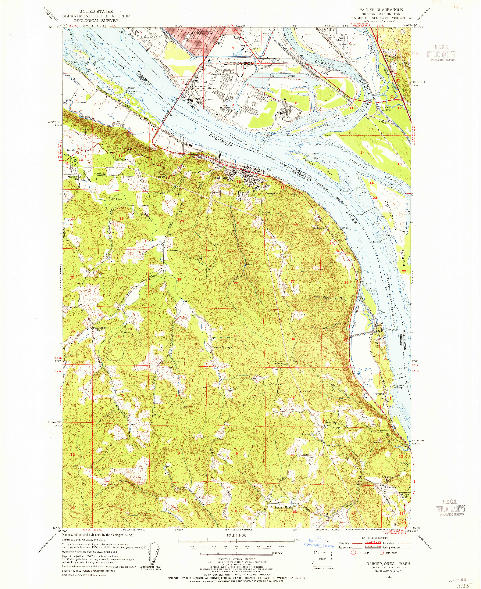 USGS 1:24000-SCALE QUADRANGLE FOR RAINIER, OR 1953