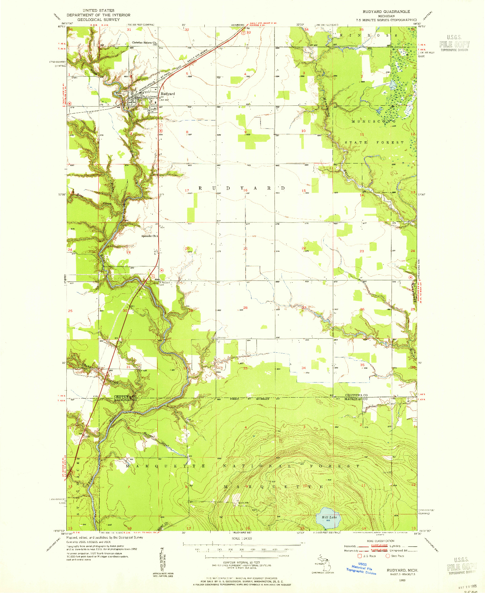 USGS 1:24000-SCALE QUADRANGLE FOR RUDYARD, MI 1953