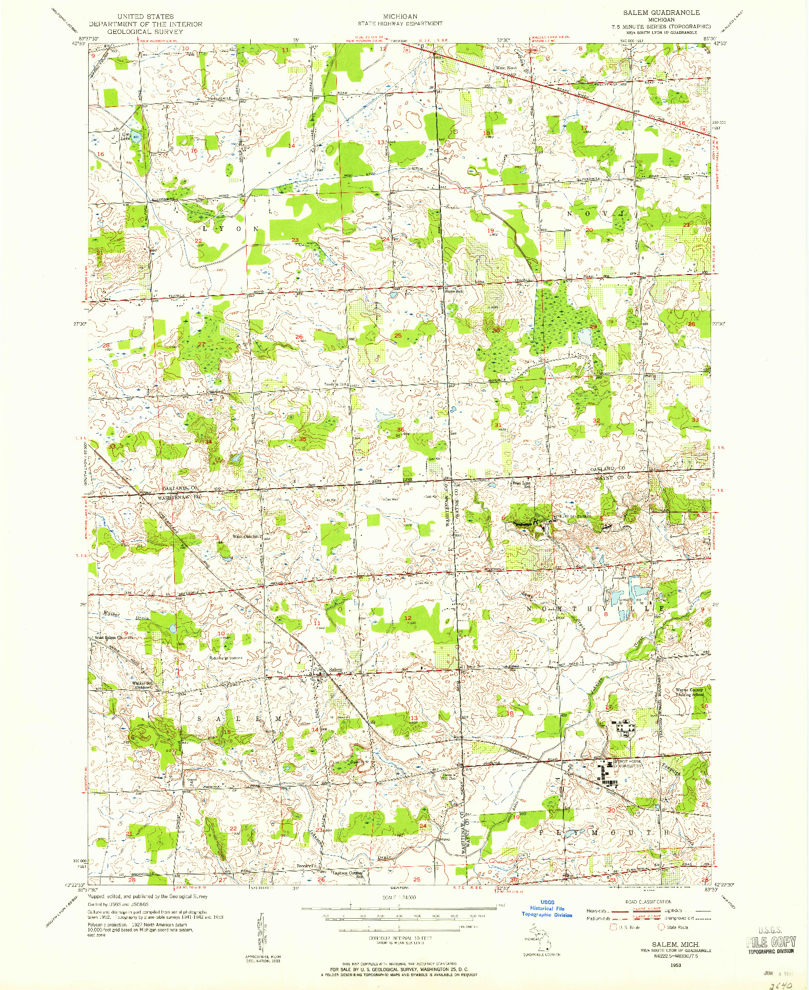 USGS 1:24000-SCALE QUADRANGLE FOR SALEM, MI 1953