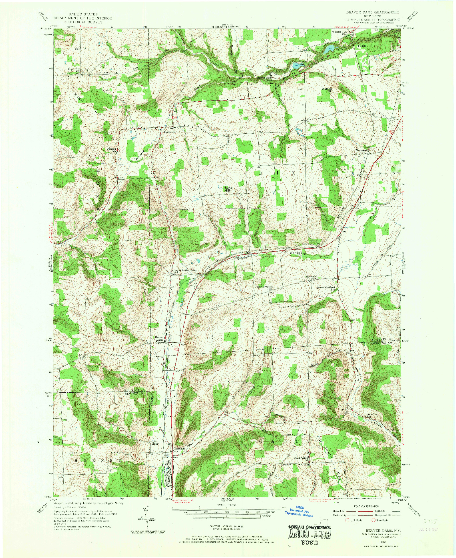 USGS 1:24000-SCALE QUADRANGLE FOR BEAVER DAMS, NY 1953