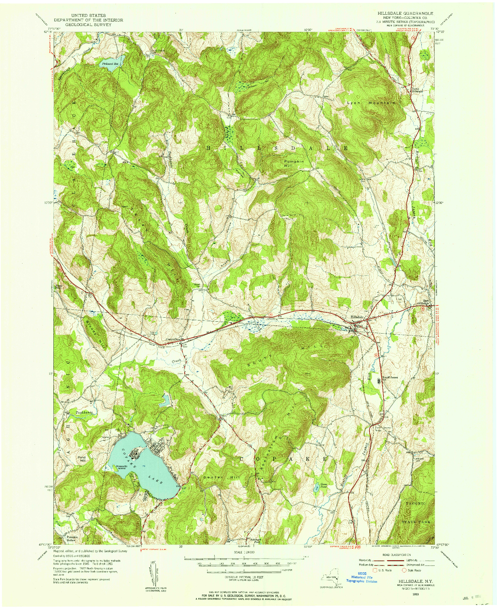 USGS 1:24000-SCALE QUADRANGLE FOR HILLSDALE, NY 1953