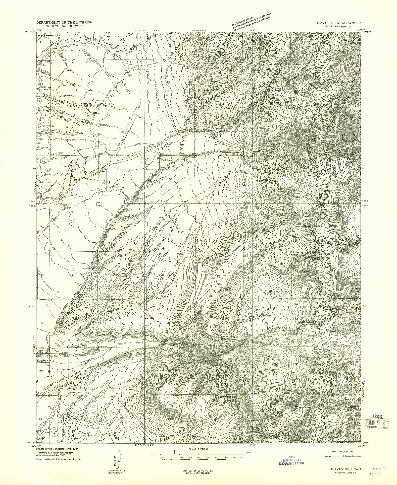 USGS 1:24000-SCALE QUADRANGLE FOR BEAVER SE, UT 1954
