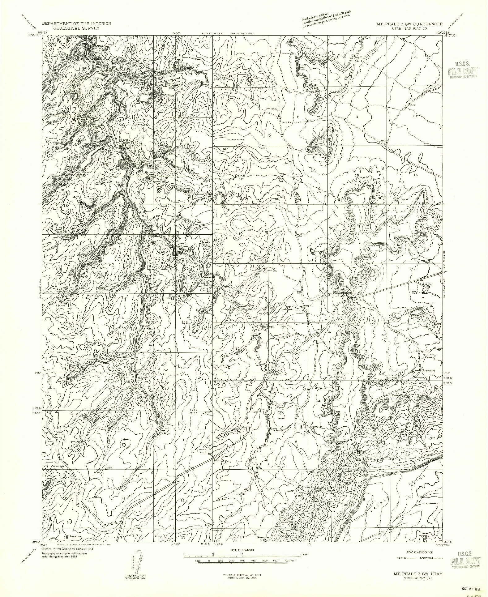 USGS 1:24000-SCALE QUADRANGLE FOR MT PEALE 3 SW, UT 1954