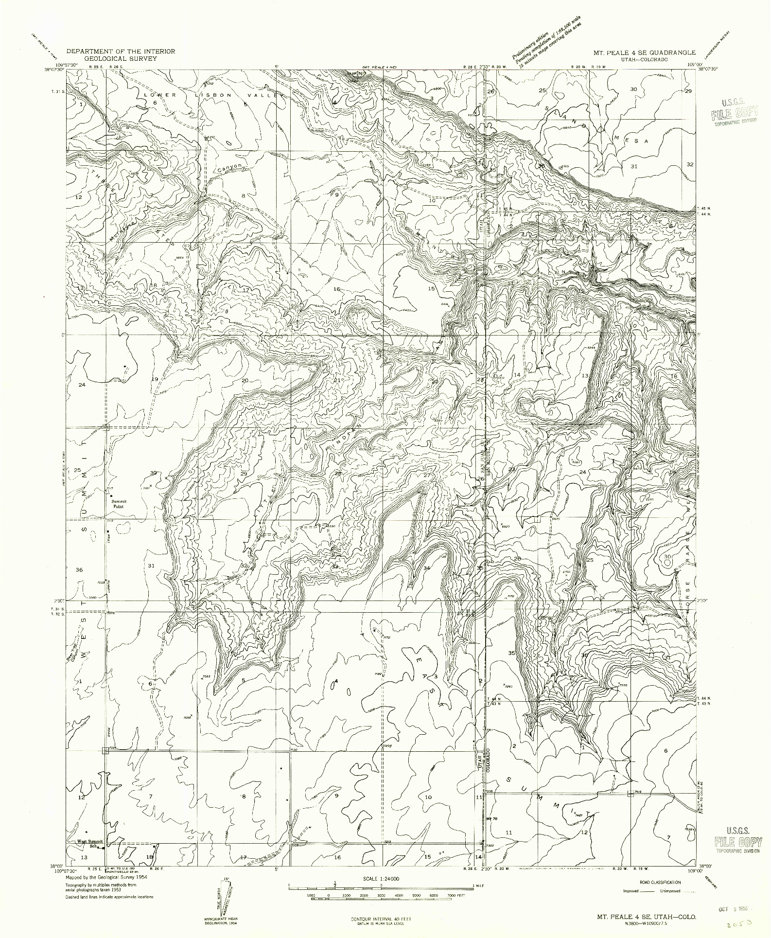 USGS 1:24000-SCALE QUADRANGLE FOR MT PEALE 4 SE, UT 1954