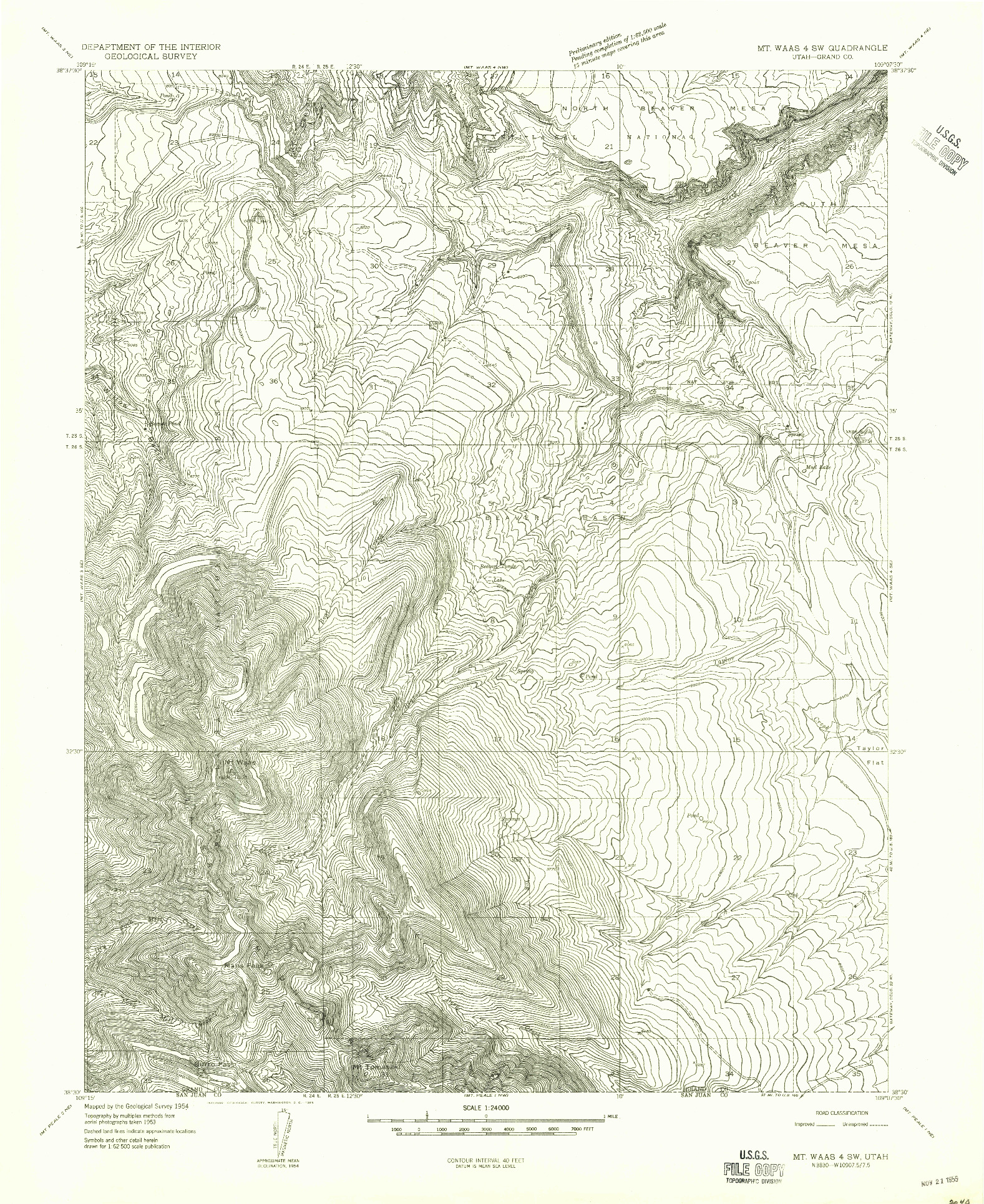USGS 1:24000-SCALE QUADRANGLE FOR MT. WAAS 4 SW, UT 1954