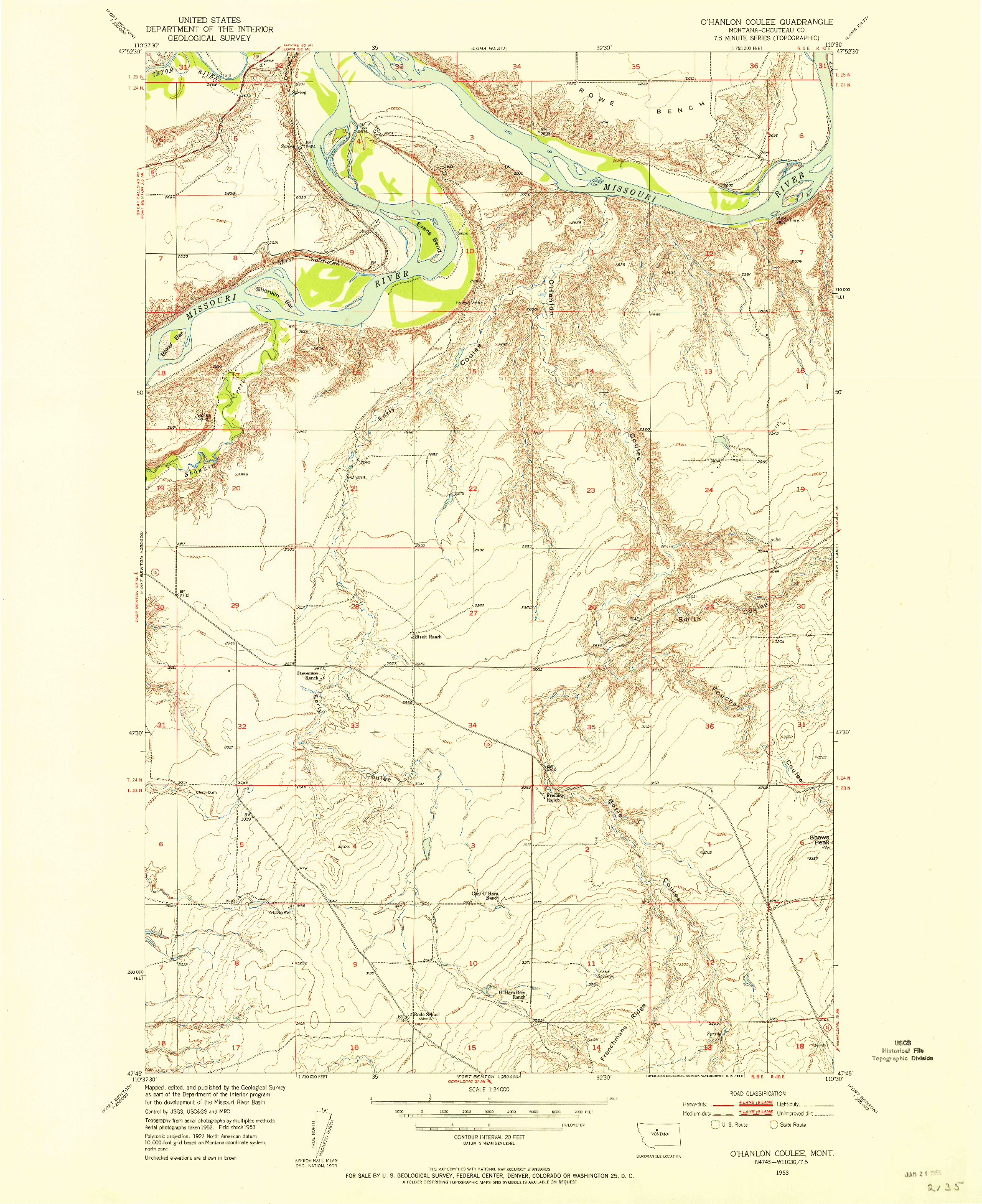 USGS 1:24000-SCALE QUADRANGLE FOR O'HANLON COULEE, MT 1953