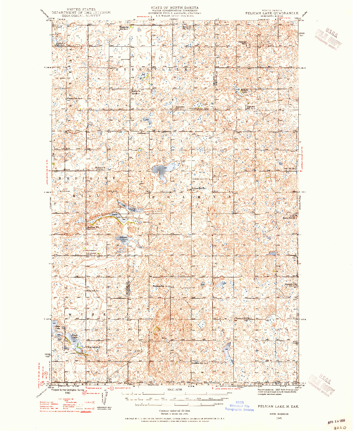 USGS 1:62500-SCALE QUADRANGLE FOR PELICAN LAKE, ND 1945